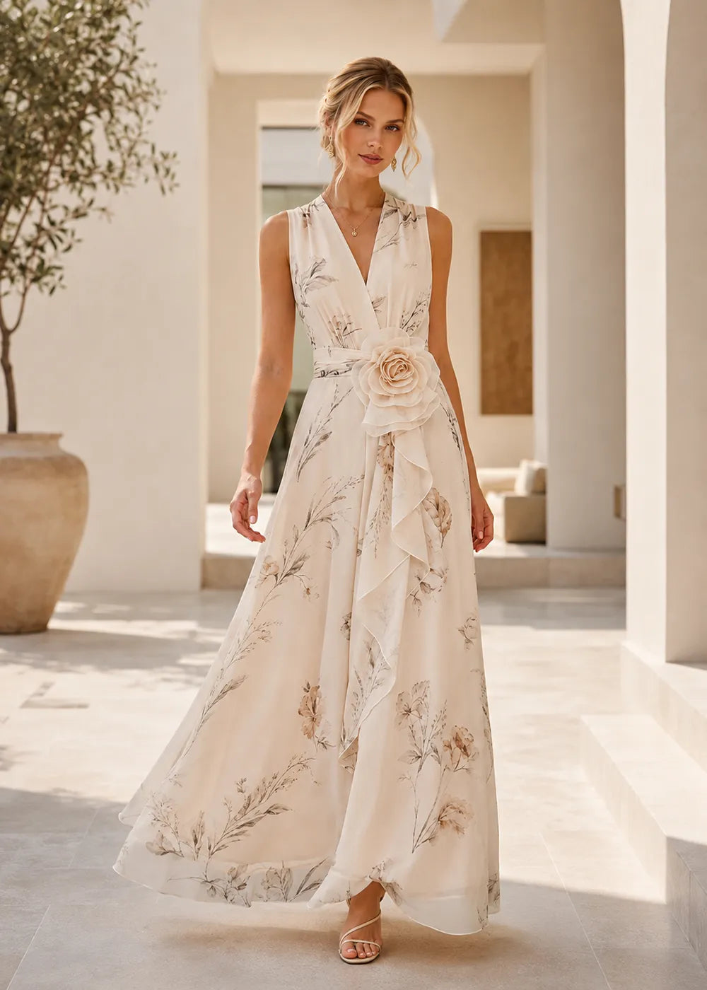 Botanical Rosette V-Neck Formal Gown