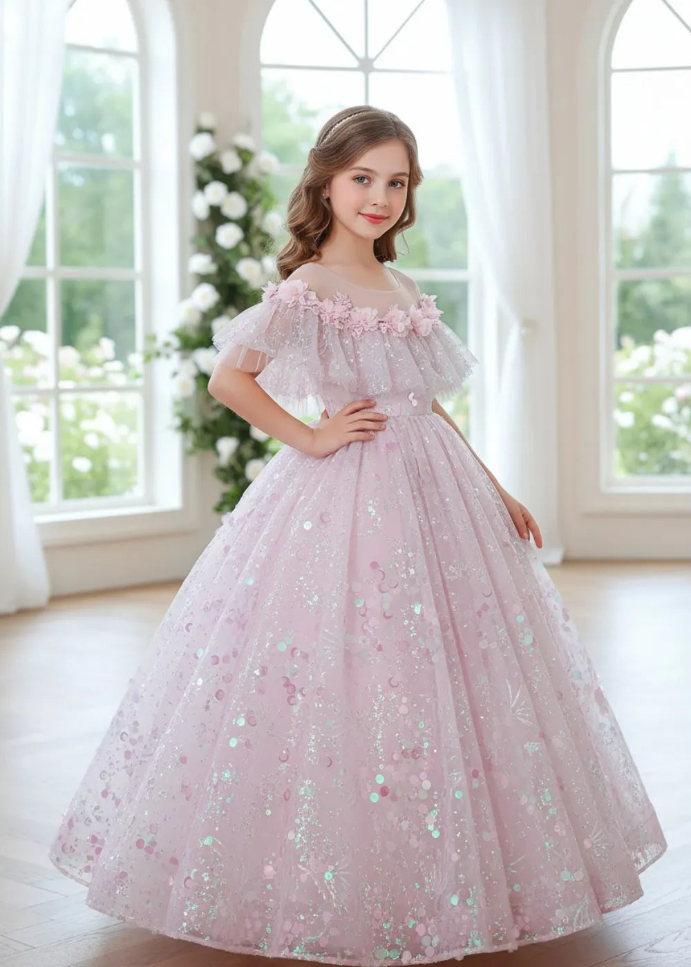 Floral Sequin Ball Gown for Girls