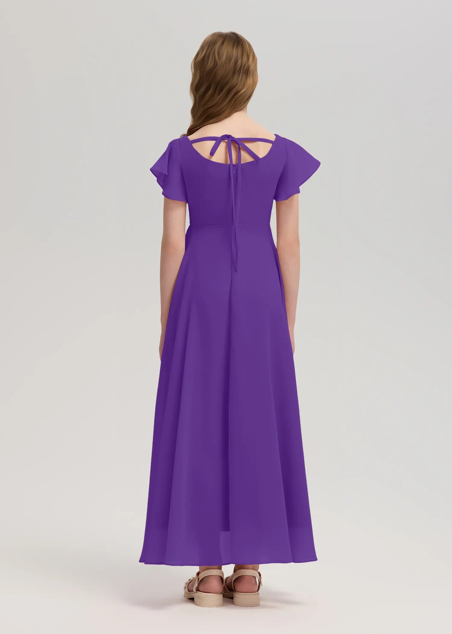 Square Neck Flutter Sleeve Chiffon Dress -[Purple]