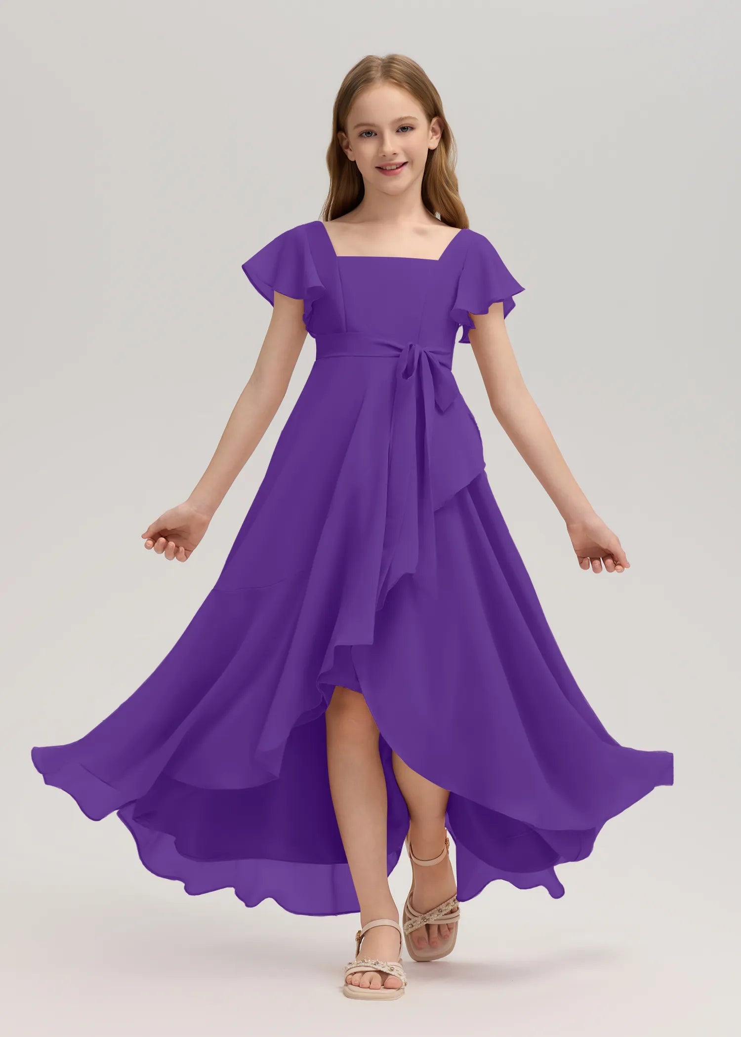 Square Neck Flutter Sleeve Chiffon Dress -[Purple]