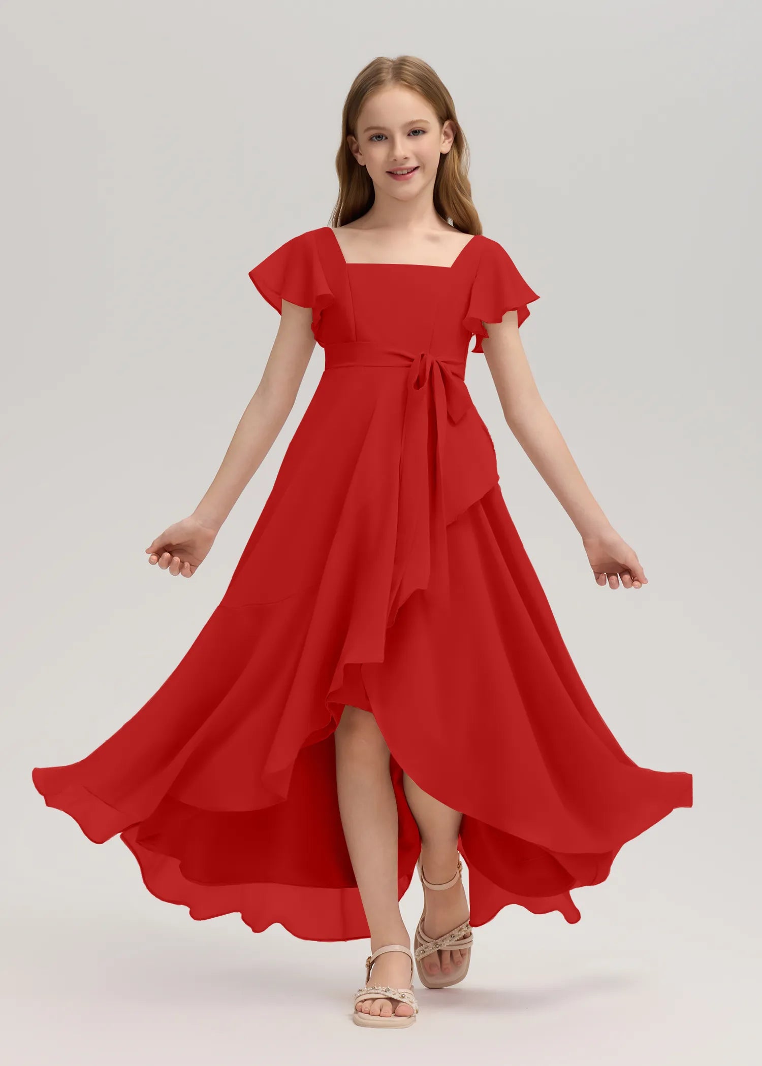 Square Neck Flutter Sleeve Chiffon Dress -[Red]