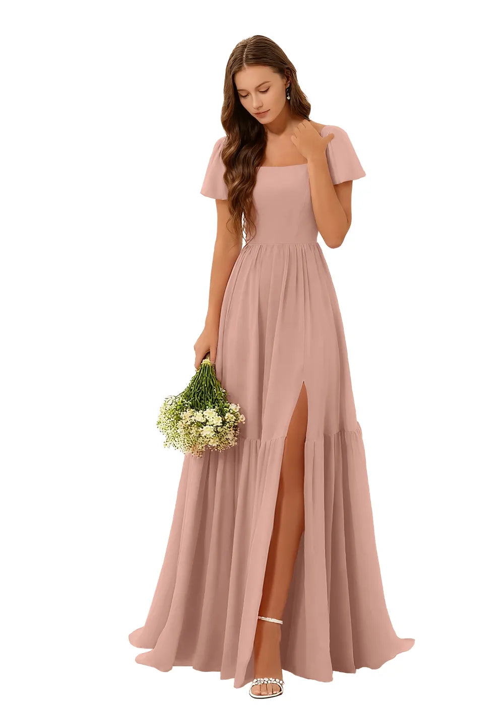 Square Neck Flowy Chiffon Bridesmaid Dress