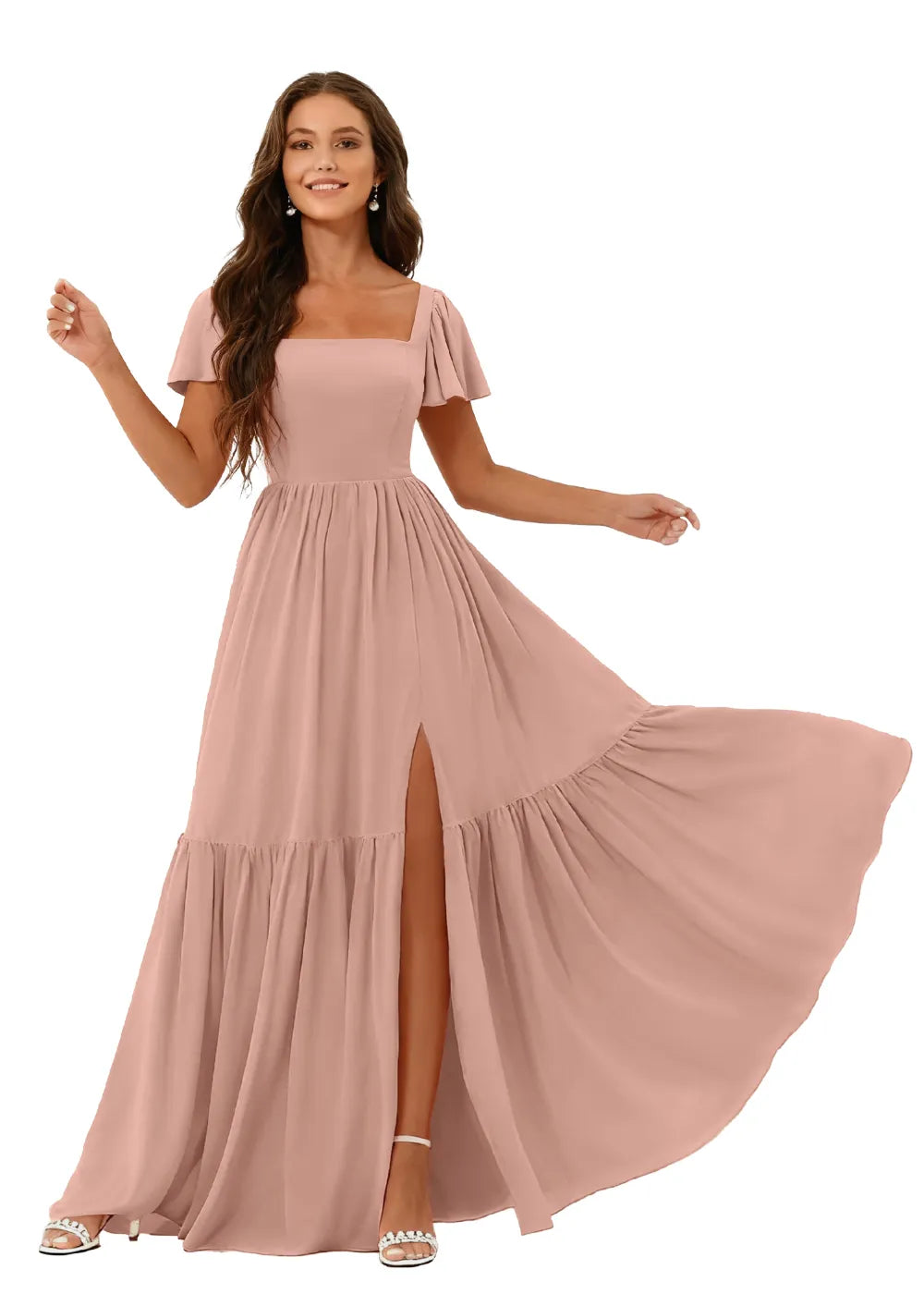 Square Neck Flowy Chiffon Bridesmaid Dress
