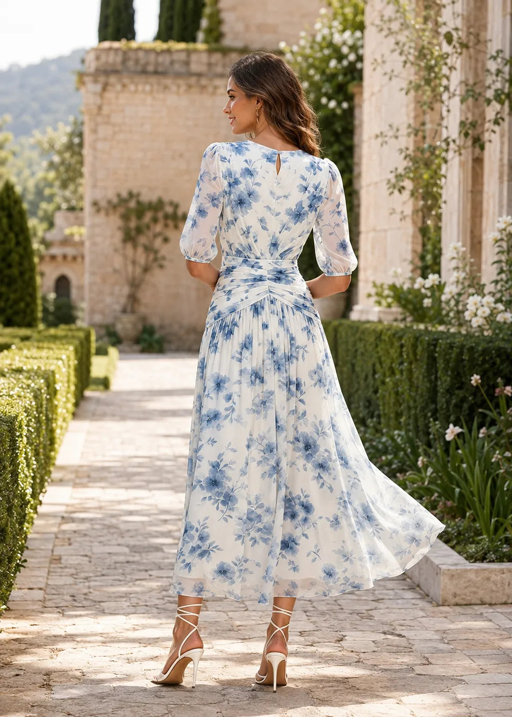 Chic Ruched Waist Floral Chiffon Dress