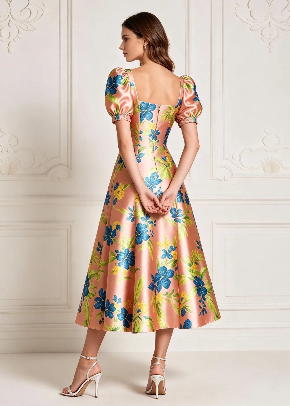 Rose Gold Floral Puff-Sleeve Satin Midi Dress