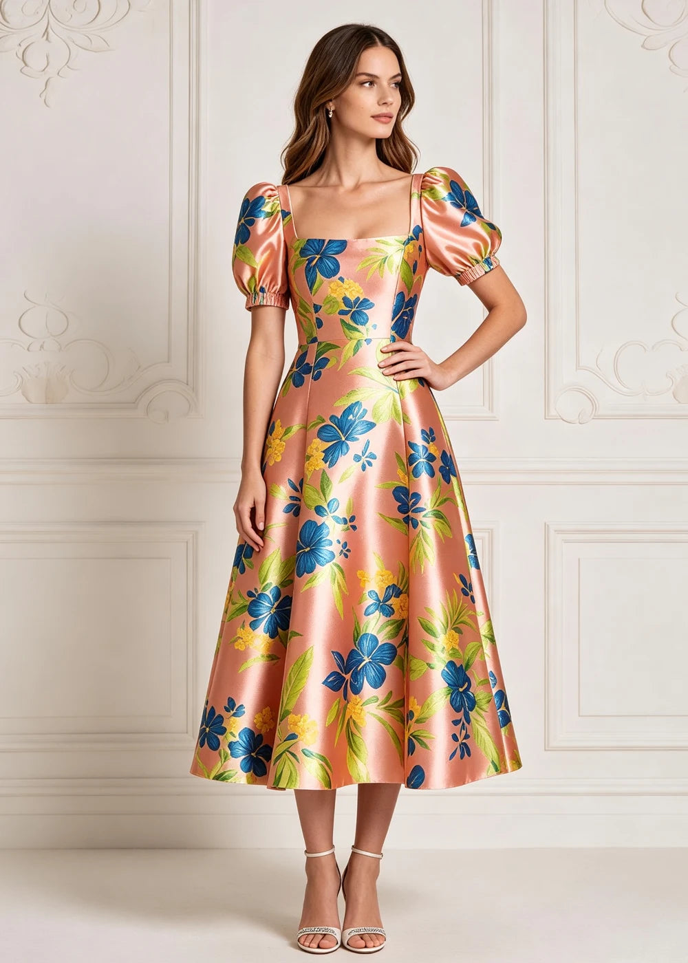 Rose Gold Floral Puff-Sleeve Satin Midi Dress