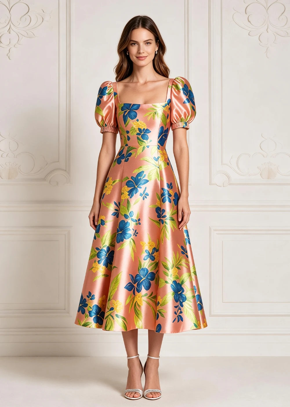 Rose Gold Floral Puff-Sleeve Satin Midi Dress