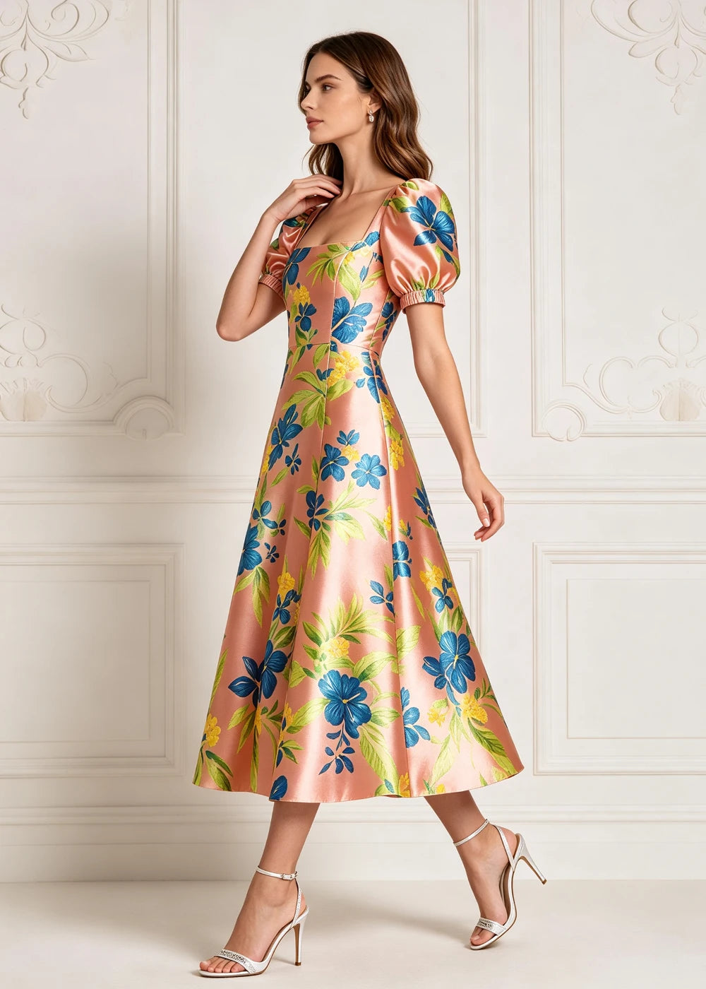 Rose Gold Floral Puff-Sleeve Satin Midi Dress