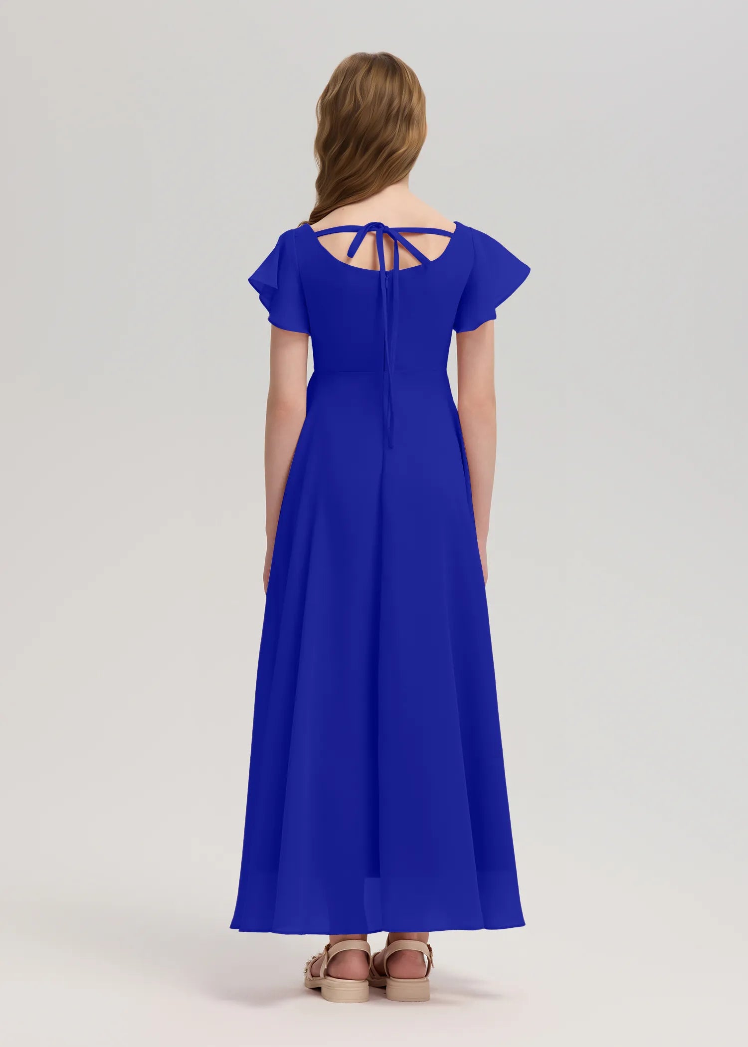 Square Neck Flutter Sleeve Chiffon Dress -[Blue]