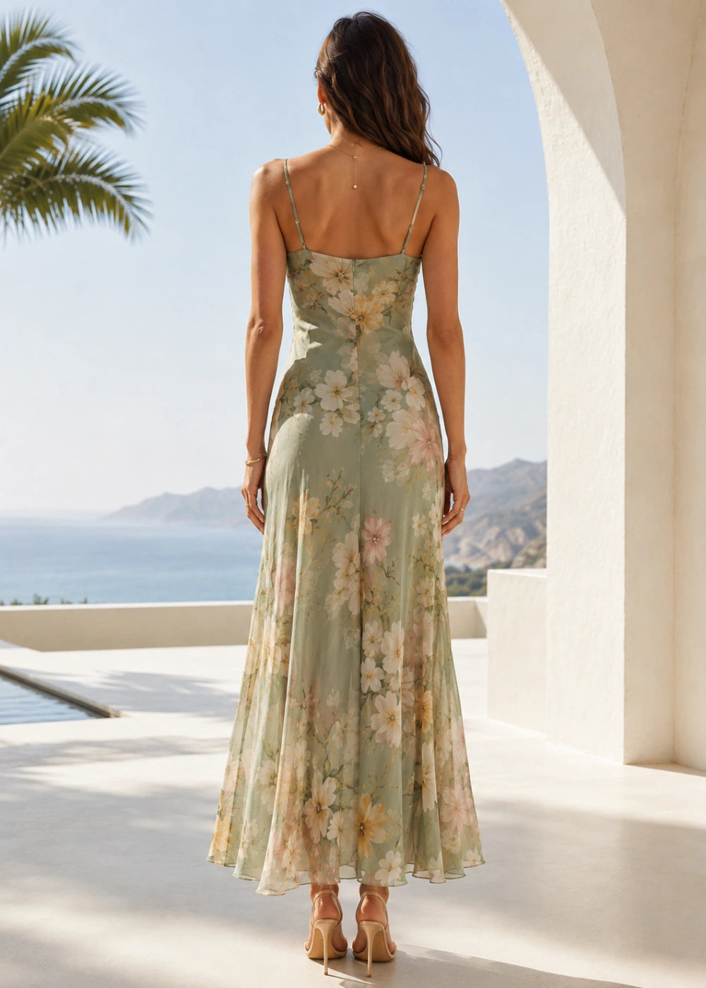 Sage Floral Cowl-Neck Satin Maxi Dress