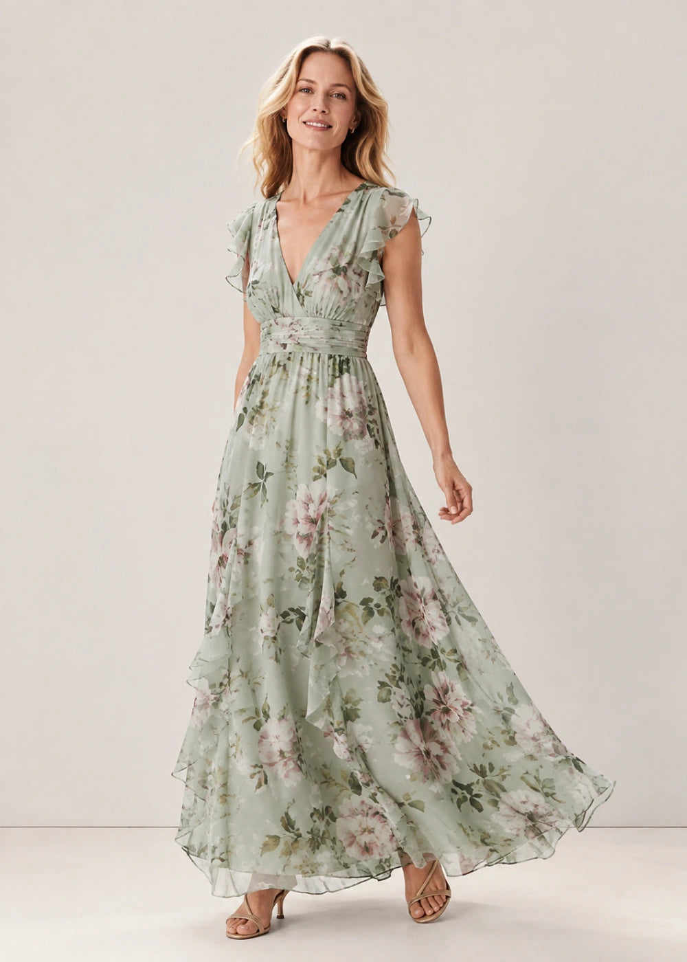 Sage Floral Flutter-Sleeve V-Neck Maxi Dress