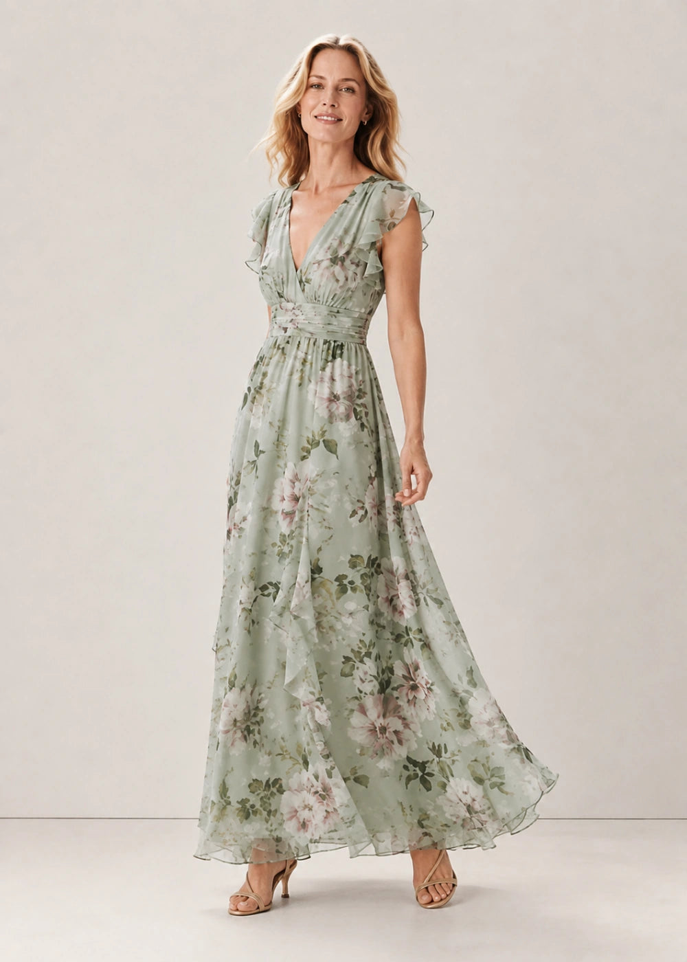 Sage Floral Flutter-Sleeve V-Neck Maxi Dress