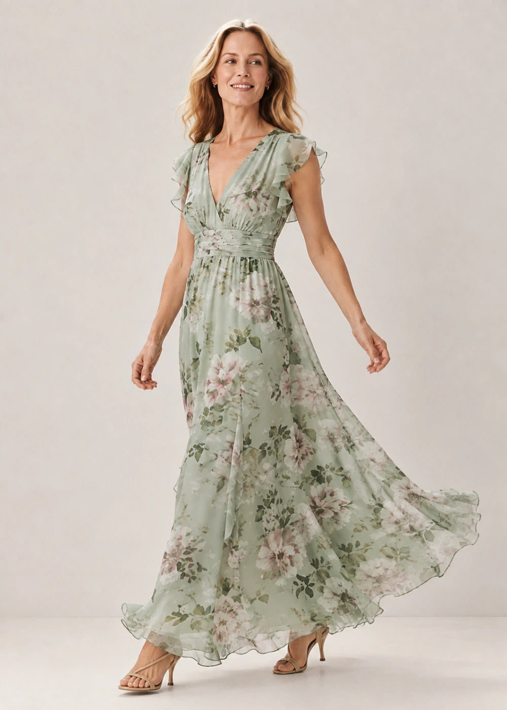 Sage Floral Flutter-Sleeve V-Neck Maxi Dress