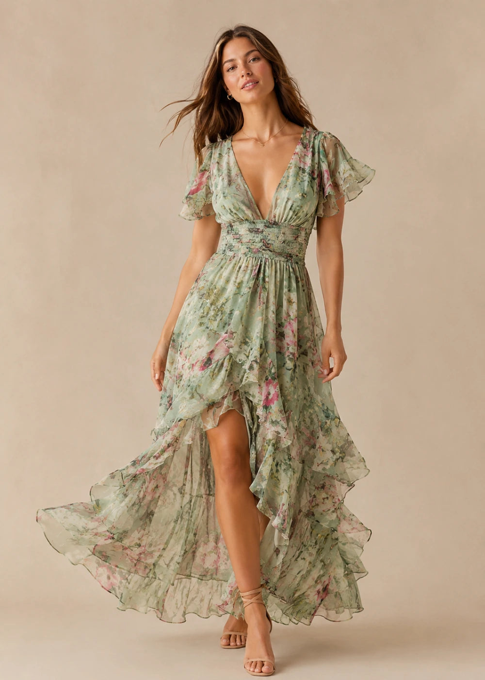 Sage Floral V-Neck Flutter-Sleeve High-Low Maxi Dress