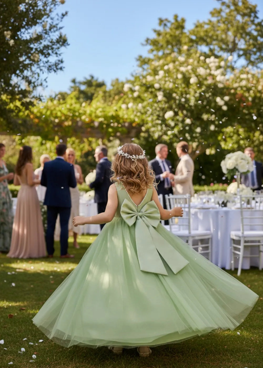 Sage Green Flower Girl Dress with Bow | Elegant Tulle Ball Gown for Weddings  | Fynony®, image size:1000x1400