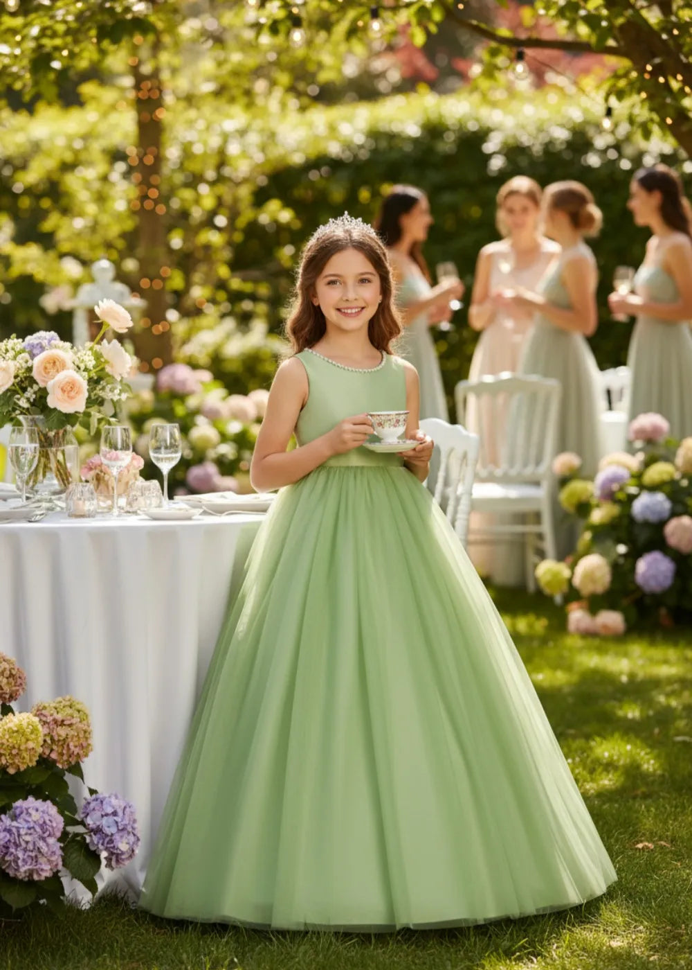Sage Green Flower Girl Dress with Bow | Elegant Tulle Ball Gown for Weddings