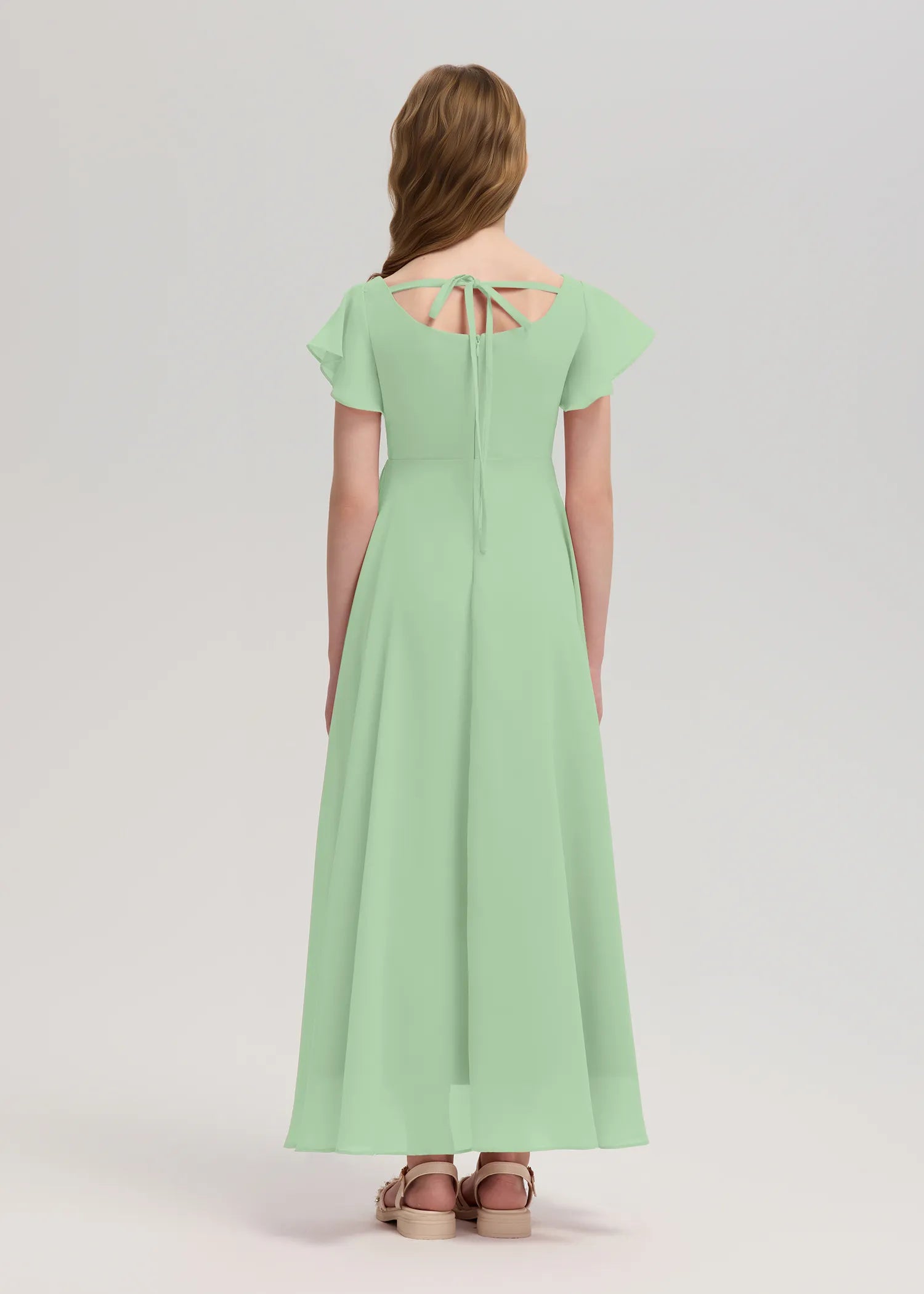 Square Neck Flutter Sleeve Chiffon Dress -[Green]