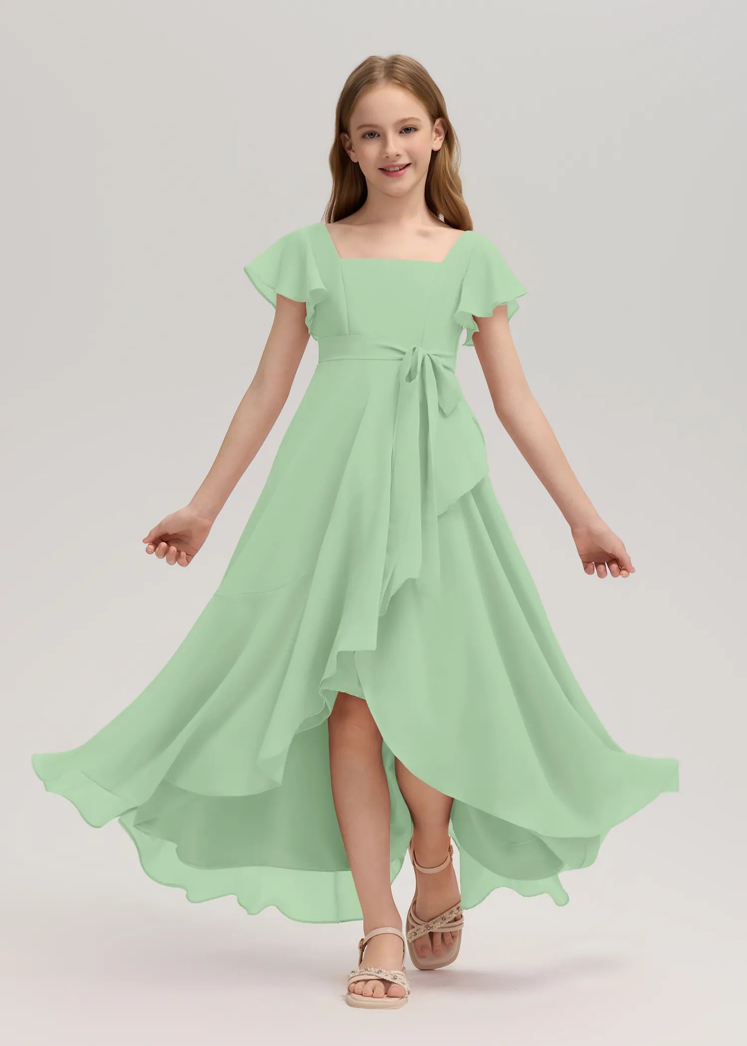 Square Neck Flutter Sleeve Chiffon Dress -[Green]