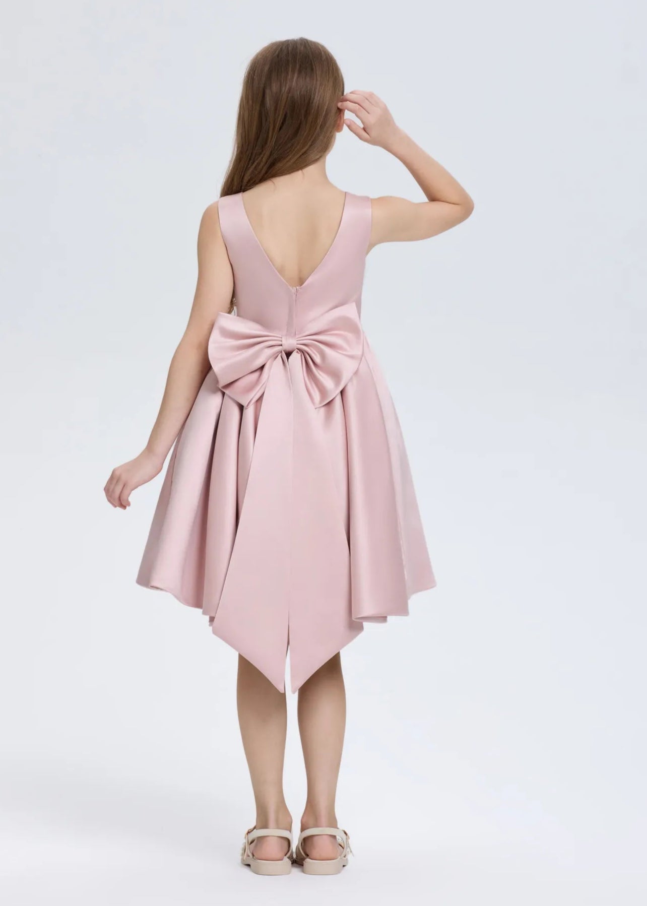 Pretty Bow V back Satin Flower Girl Dress– [Red]