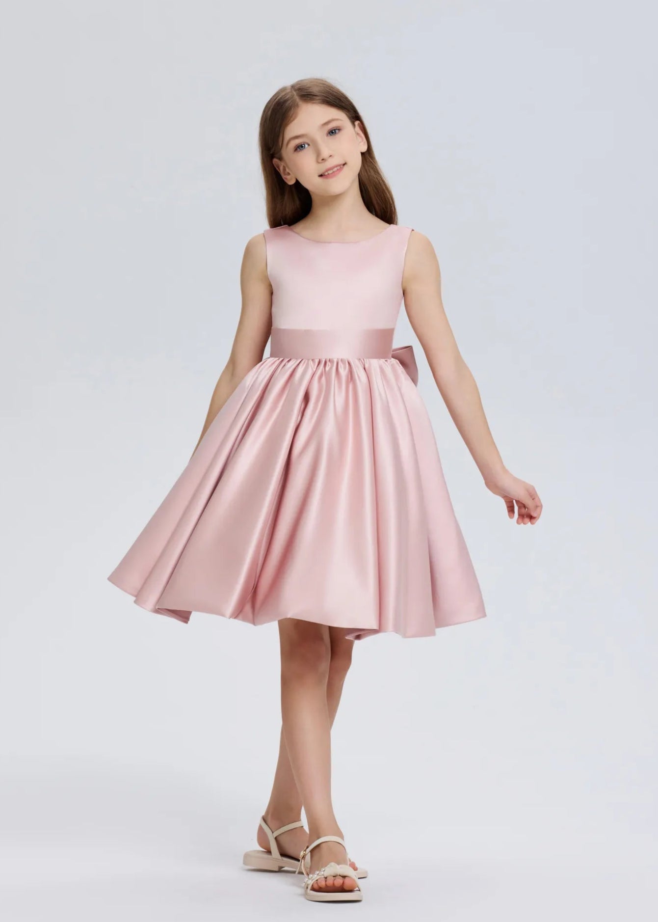 Pretty Bow V back Satin Flower Girl Dress– [Purple]