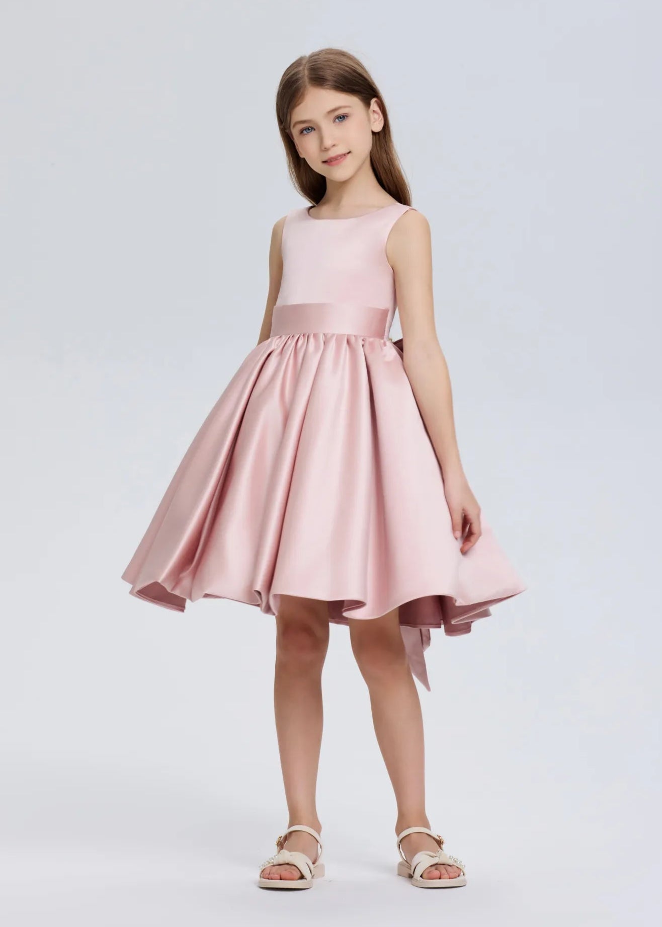 Pretty Bow V back Satin Flower Girl Dress