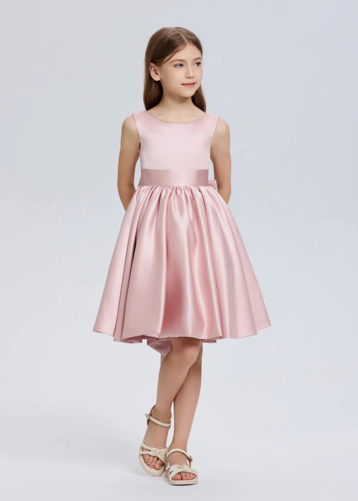 Pretty Bow V back Satin Flower Girl Dress -[Black&White]
