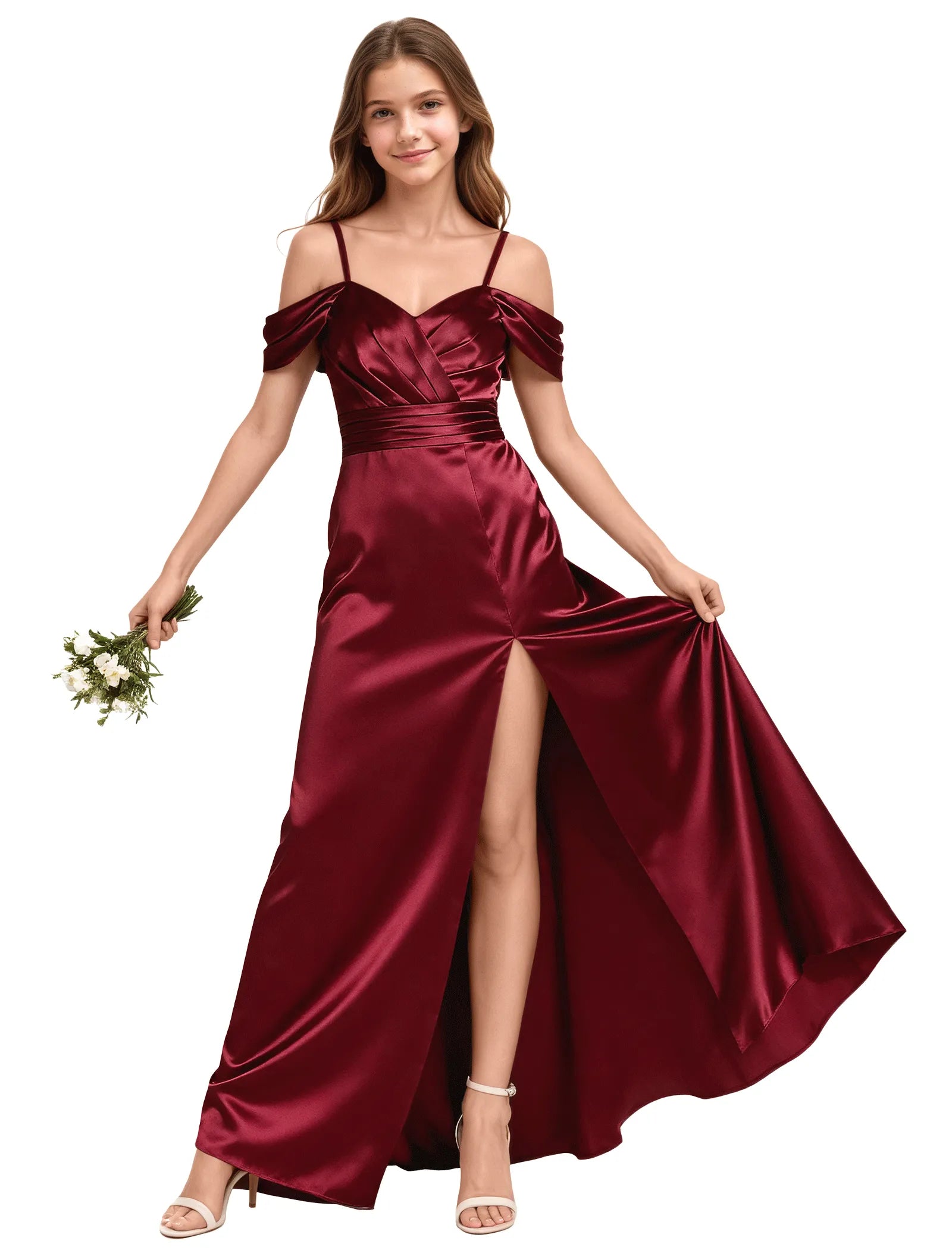 Girls Satin Maxi Dress with Slit and Draped Bodice