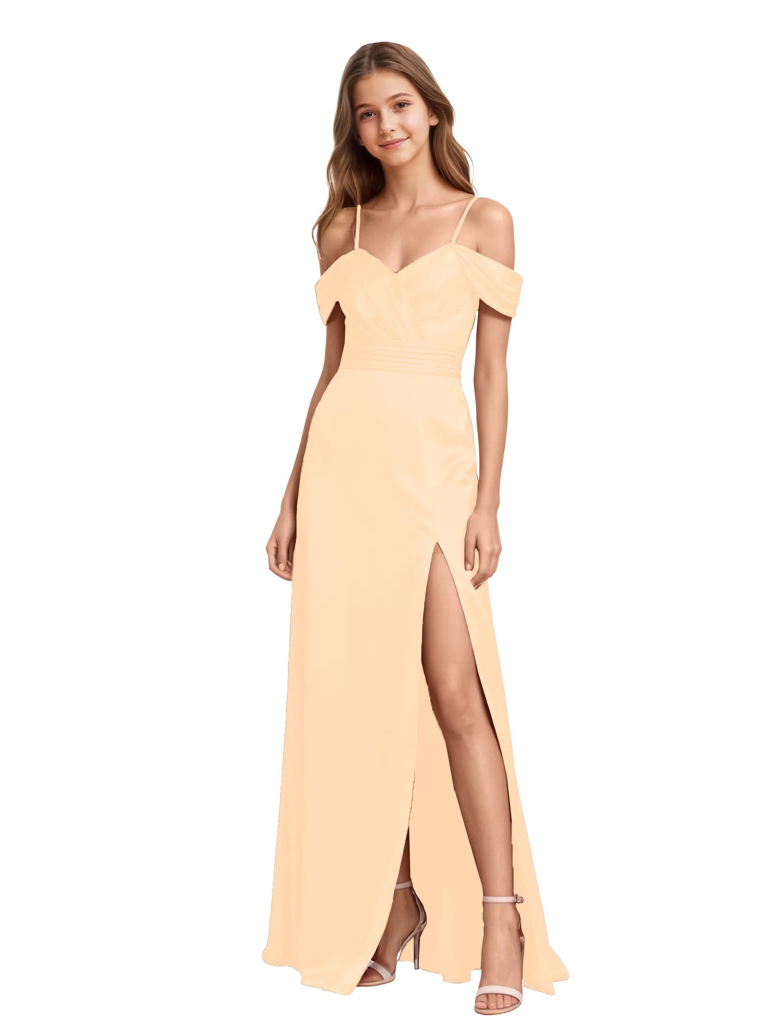 Girls Satin Maxi Dress with Slit and Draped Bodice