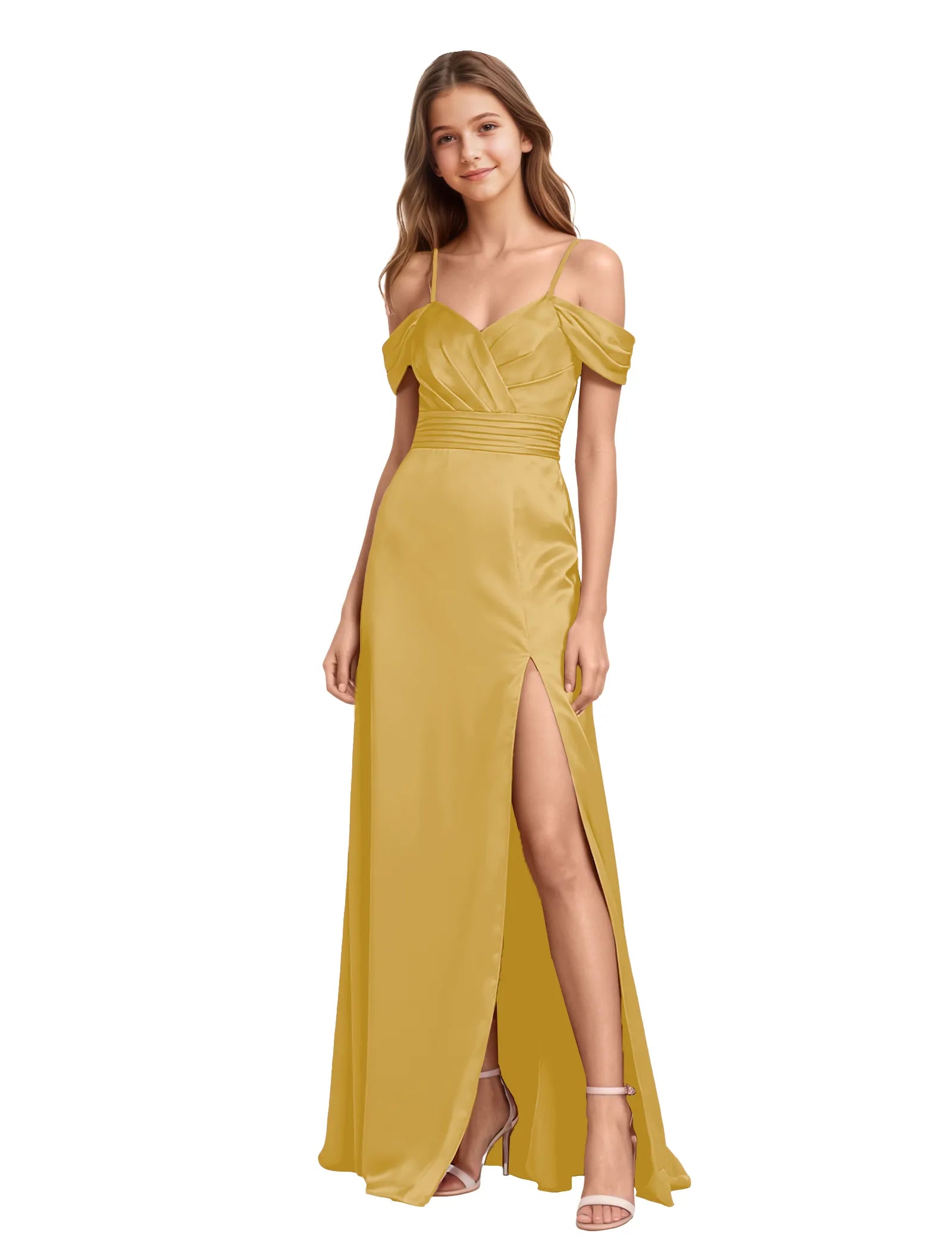 Girls Satin Maxi Dress with Slit and Draped Bodice