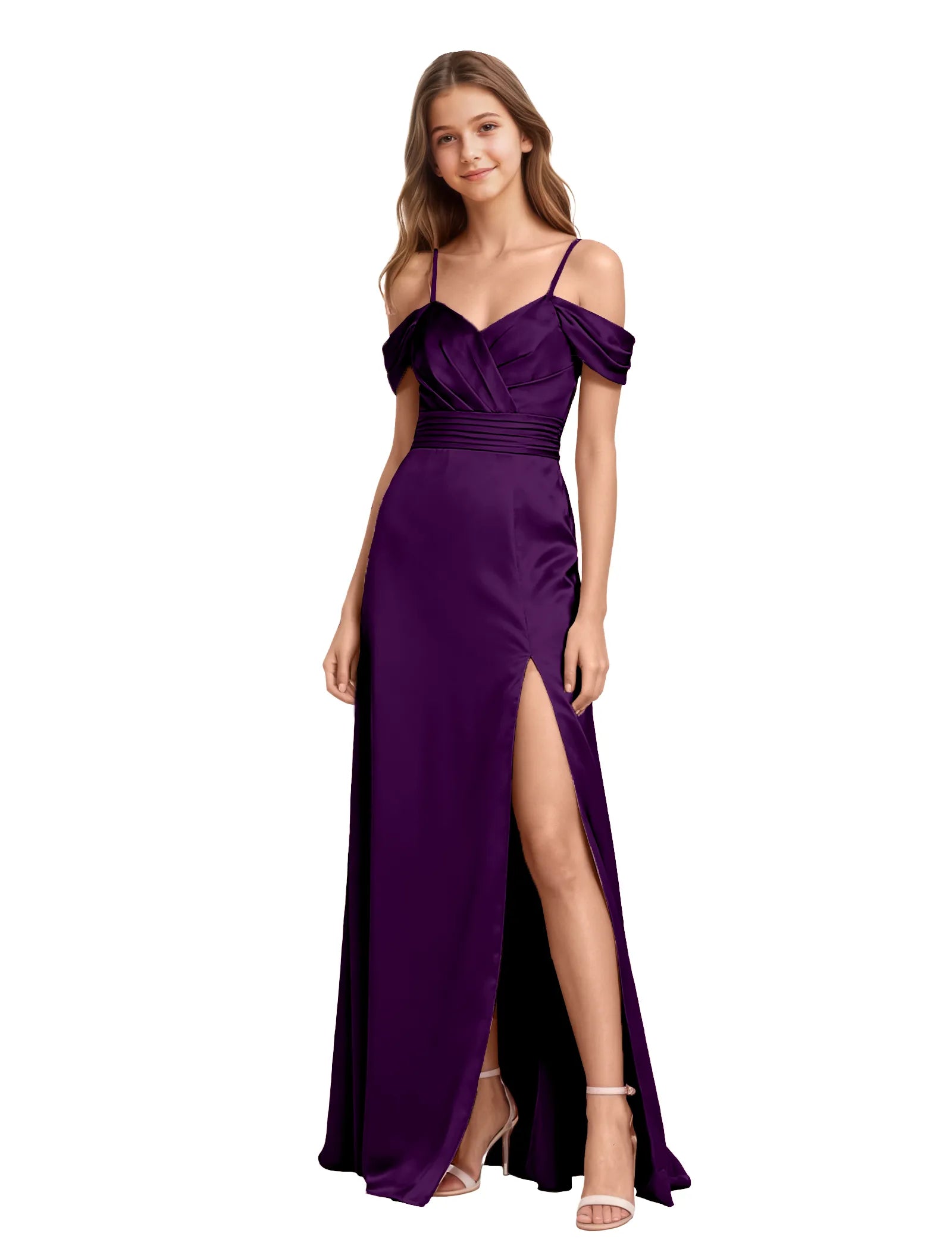 Girls Satin Maxi Dress with Slit and Draped Bodice
