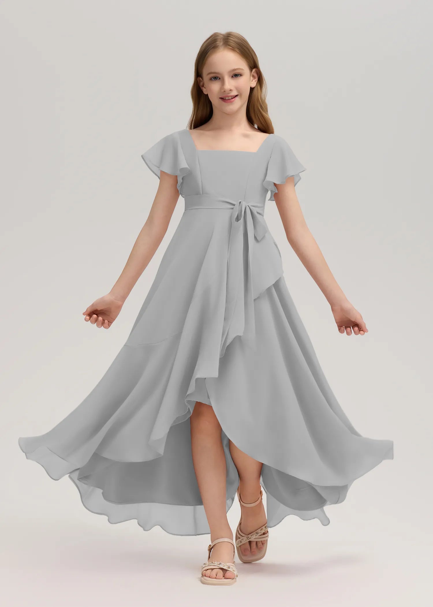 Square Neck Flutter Sleeve Chiffon Dress -[Black&White]