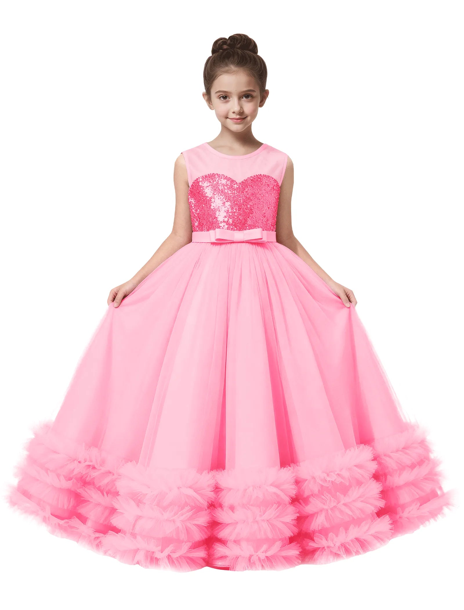 Sequin Tulle Ball Gown Dress with Bow for Girls