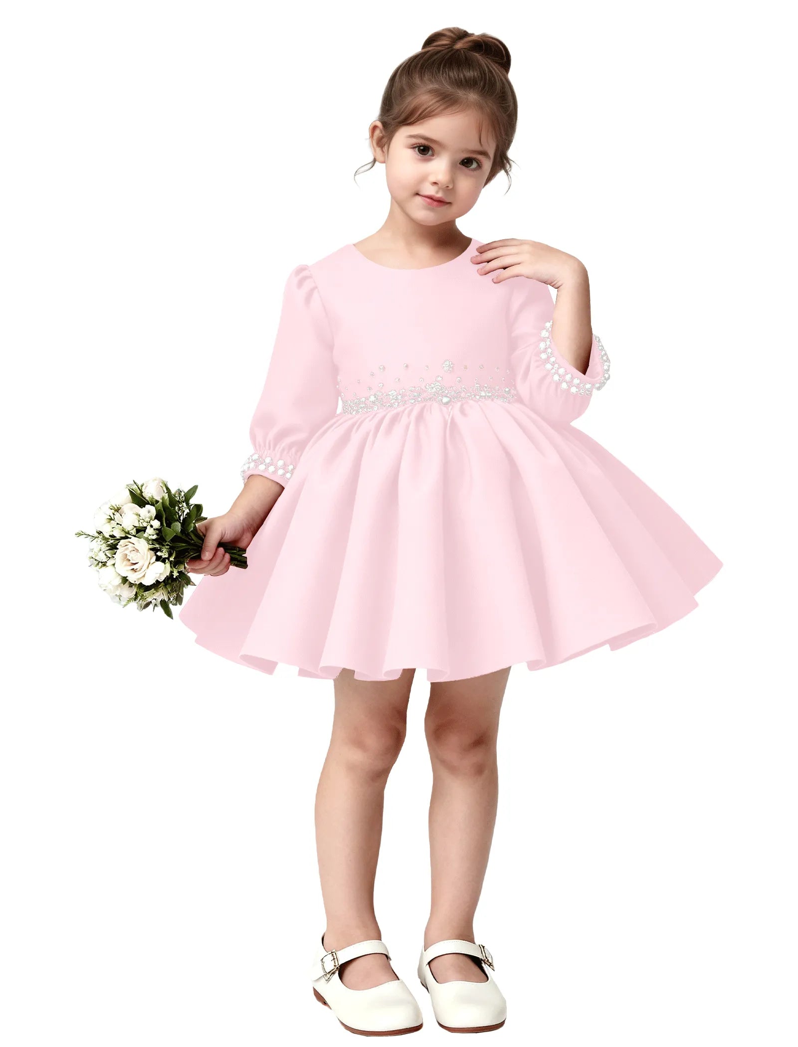 Girls Long Sleeve Satin Pearl Dress with Bow Back