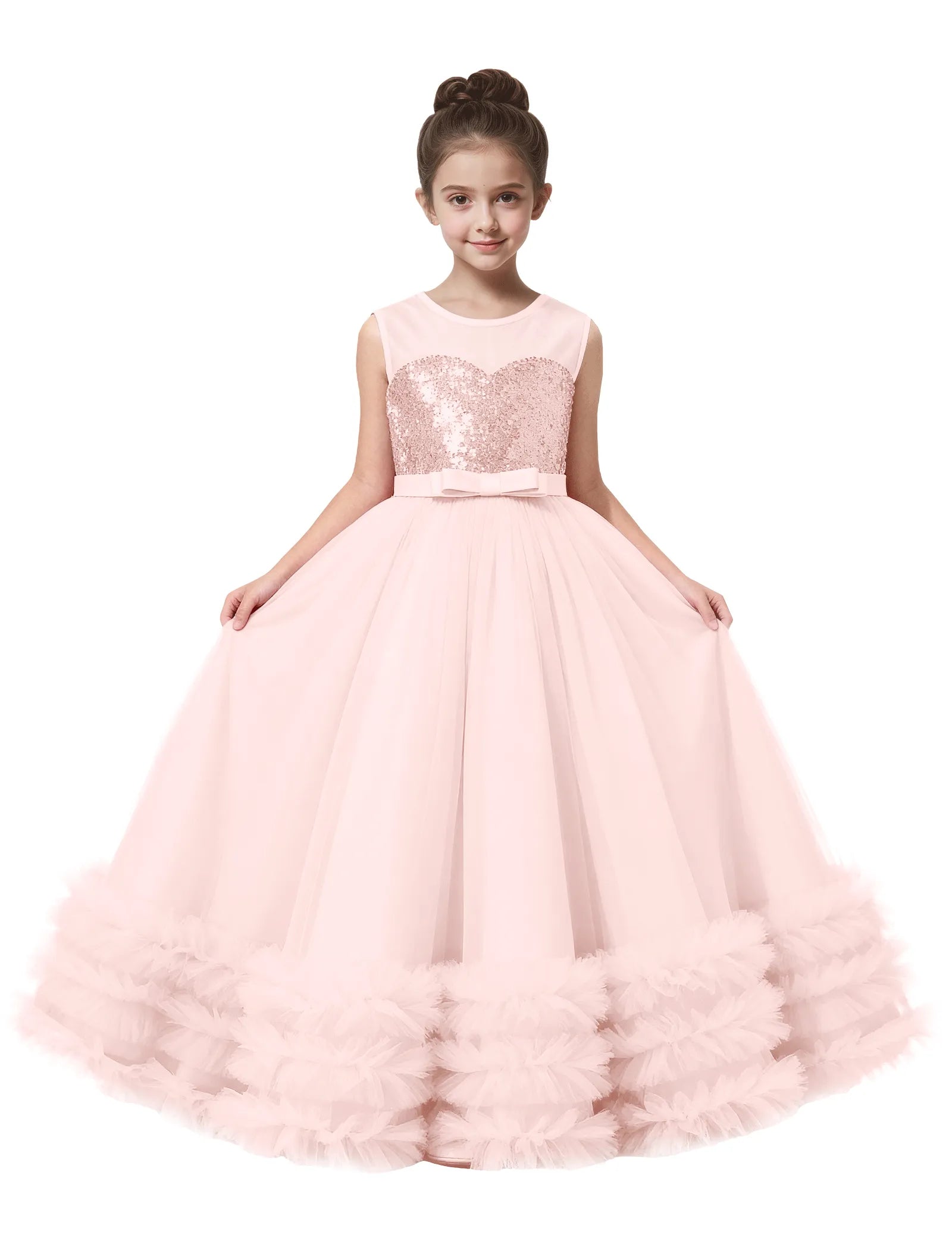 Sequin Tulle Ball Gown Dress with Bow for Girls