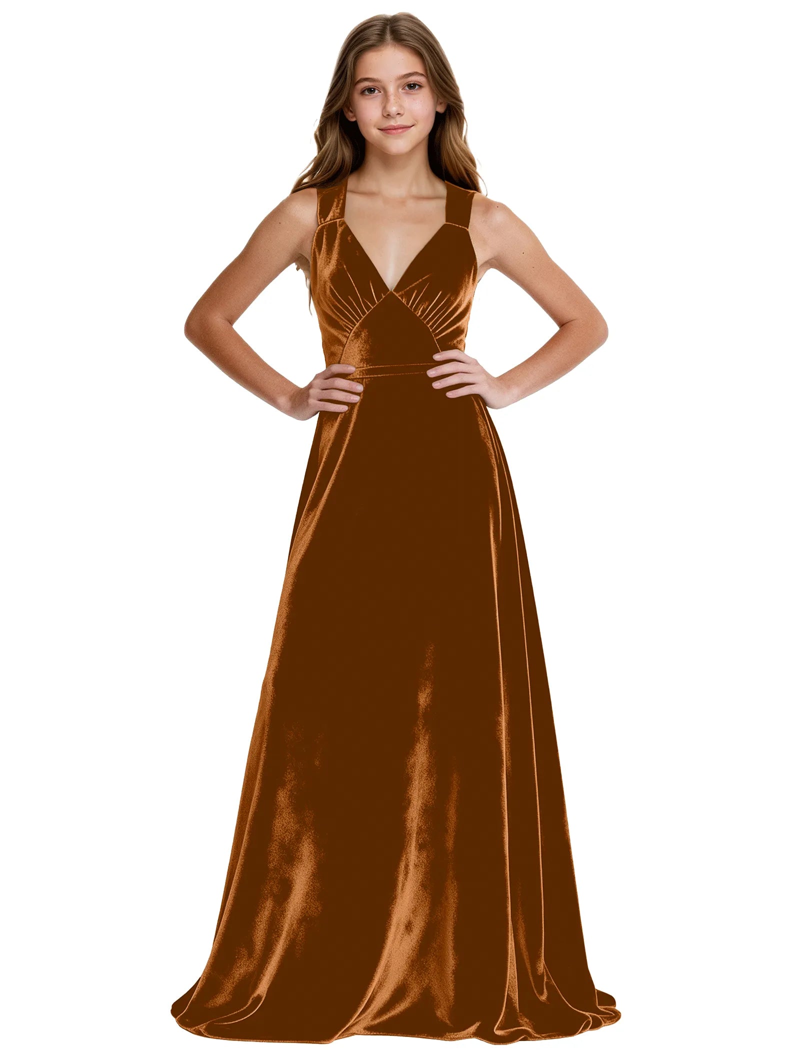 Girls Velvet A-Line Formal Gown with V-Neckline