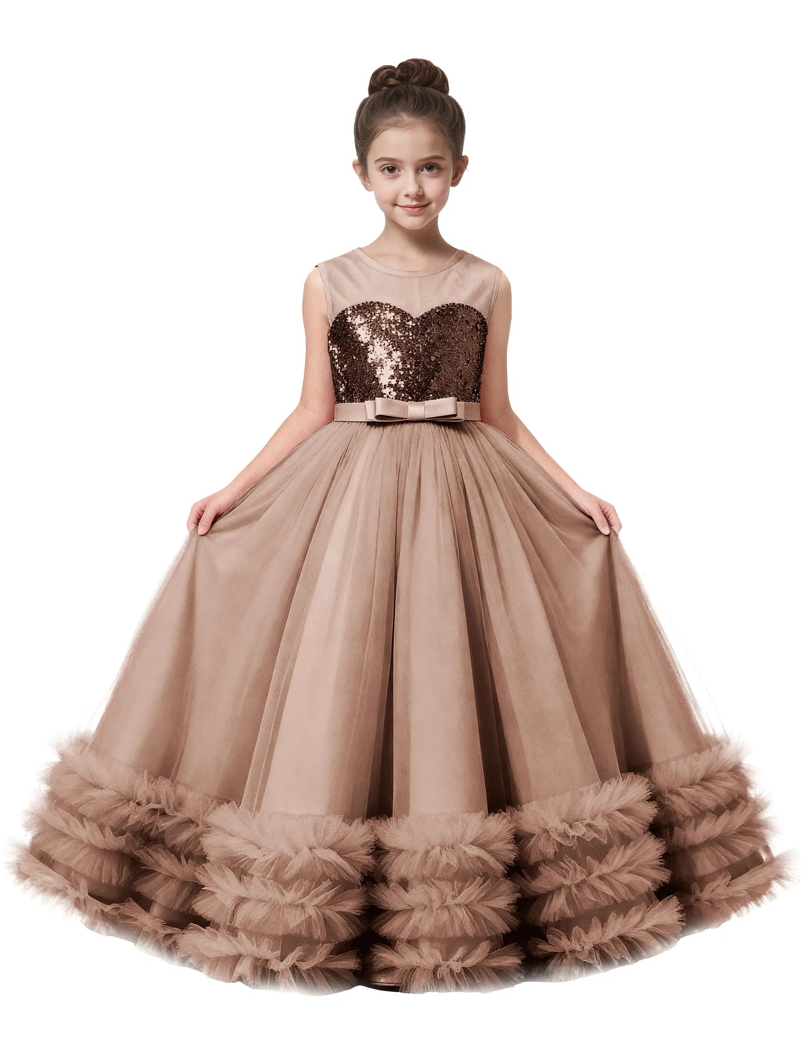 Sequin Tulle Ball Gown Dress with Bow for Girls