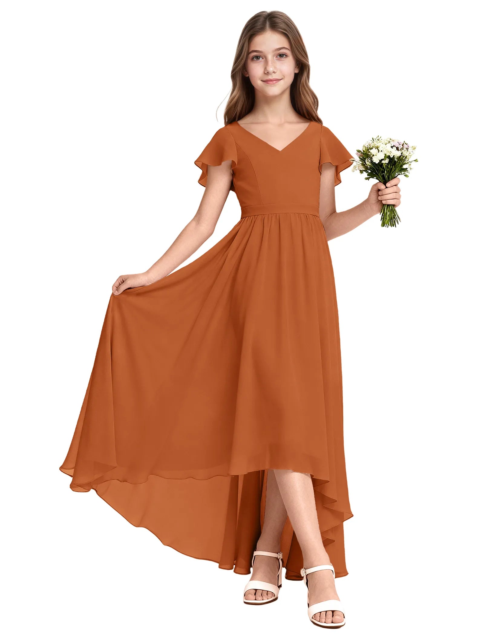 Girls Flutter Sleeve High Low Dress for Weddings