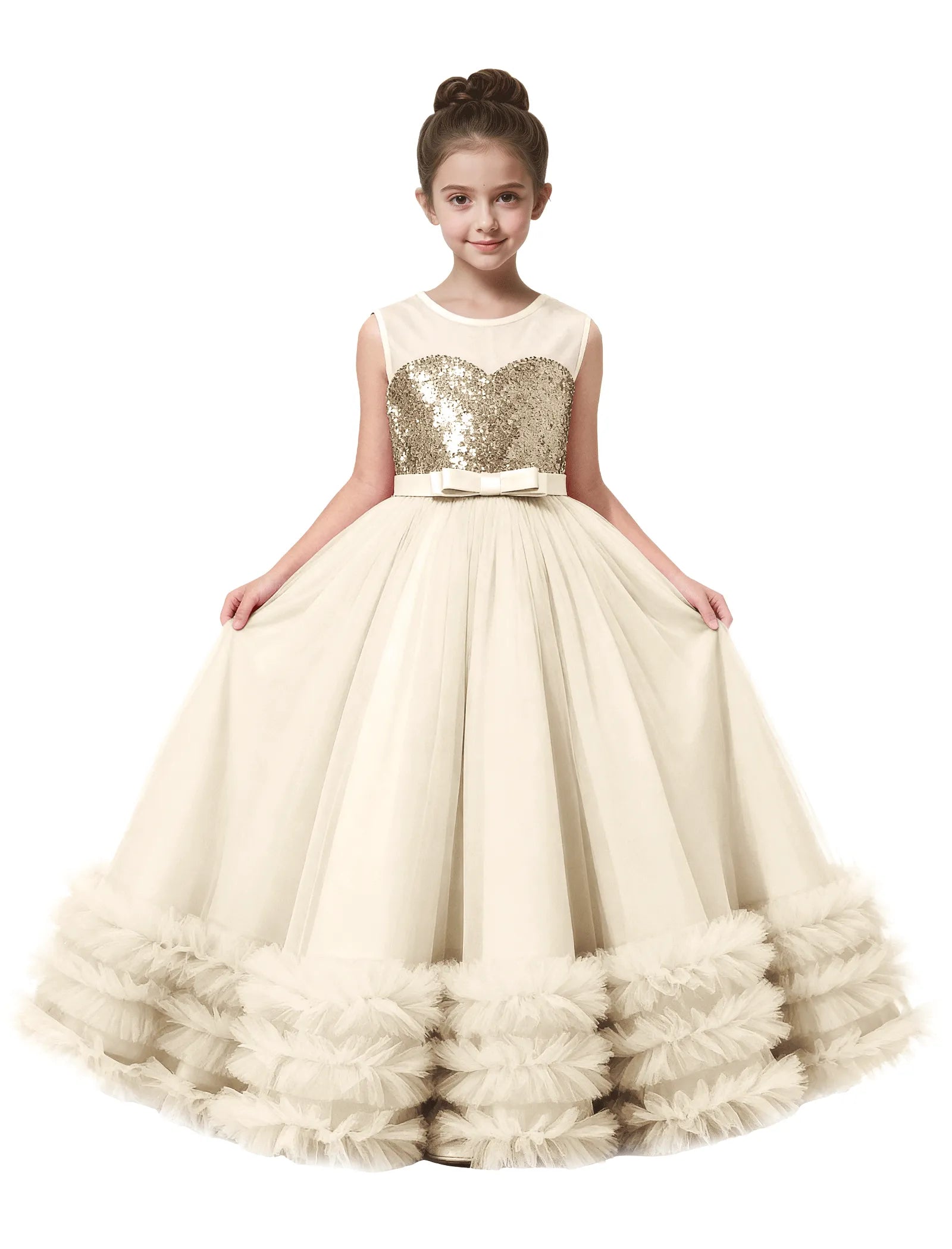 Sequin Tulle Ball Gown Dress with Bow for Girls