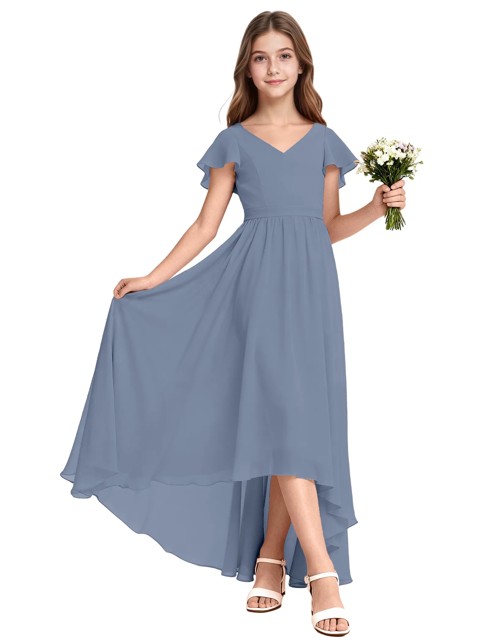 Girls Flutter Sleeve High Low Dress for Weddings