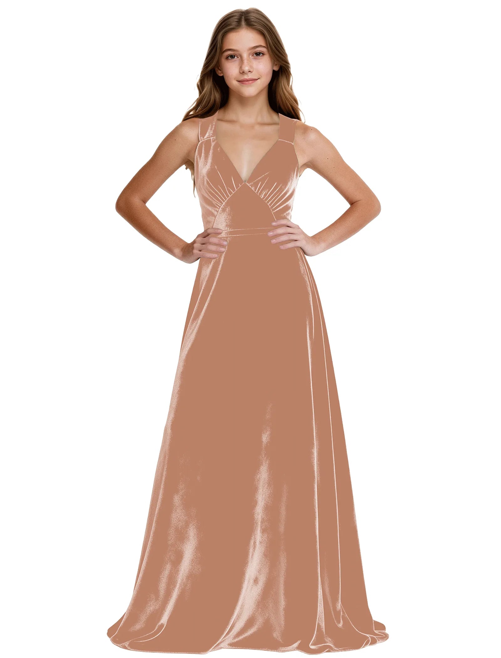 Girls Velvet A-Line Formal Gown with V-Neckline
