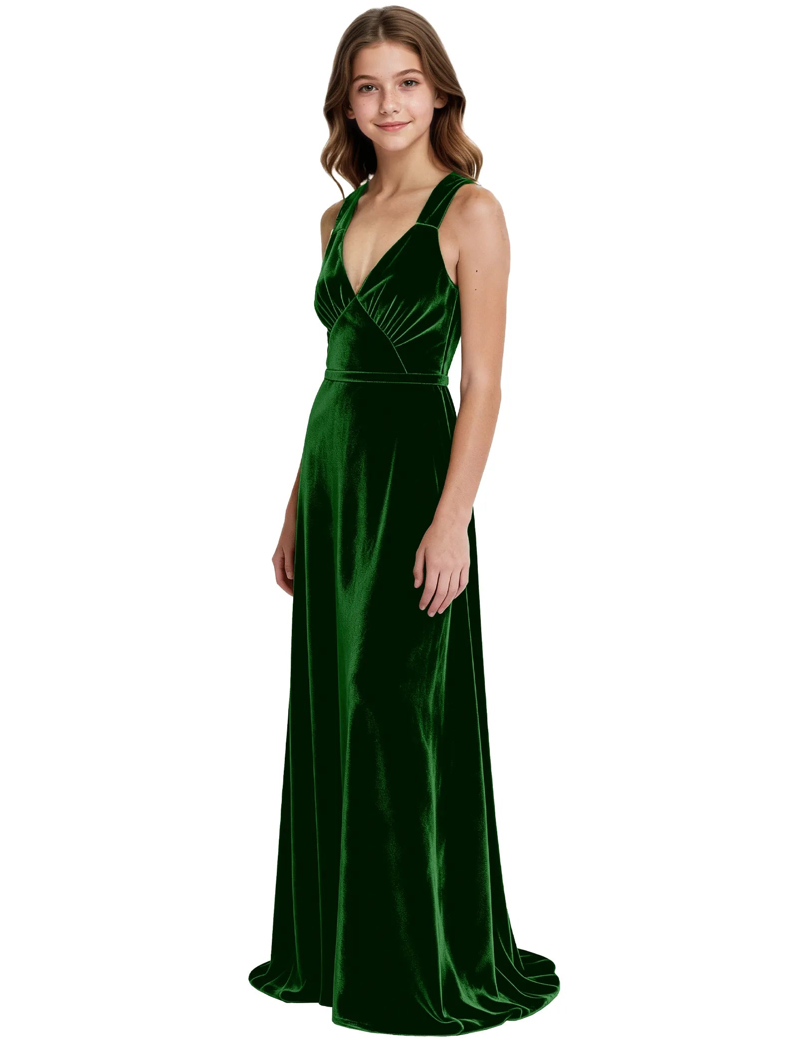 Girls Velvet A-Line Formal Gown with V-Neckline