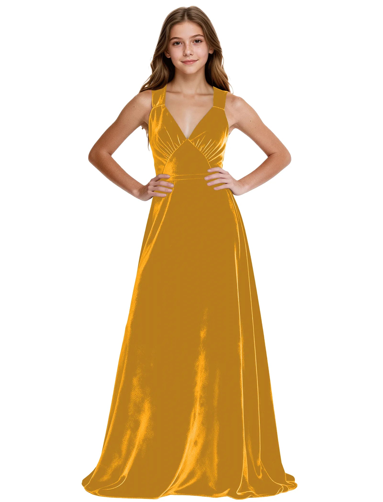 Girls Velvet A-Line Formal Gown with V-Neckline
