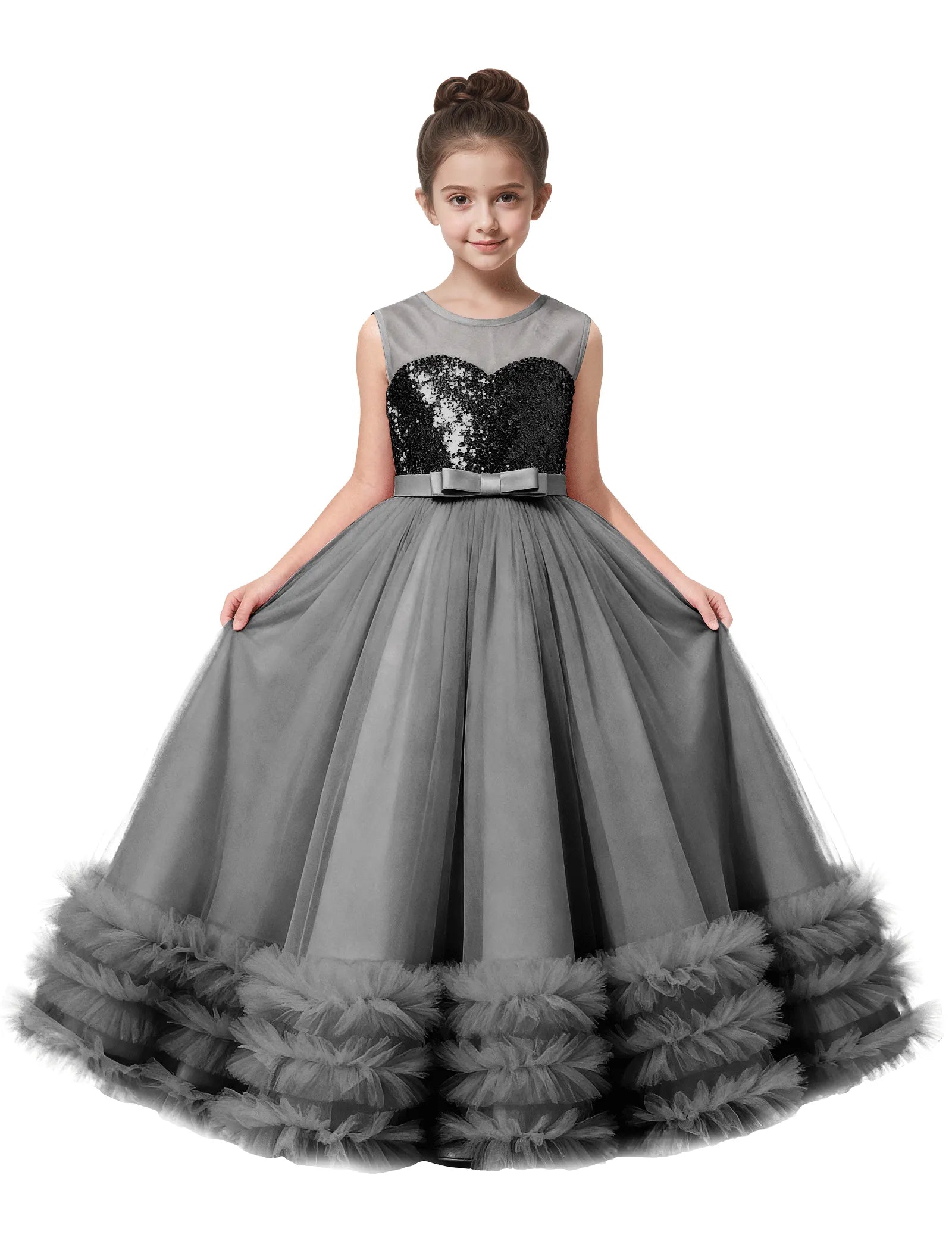 Sequin Tulle Ball Gown Dress with Bow for Girls