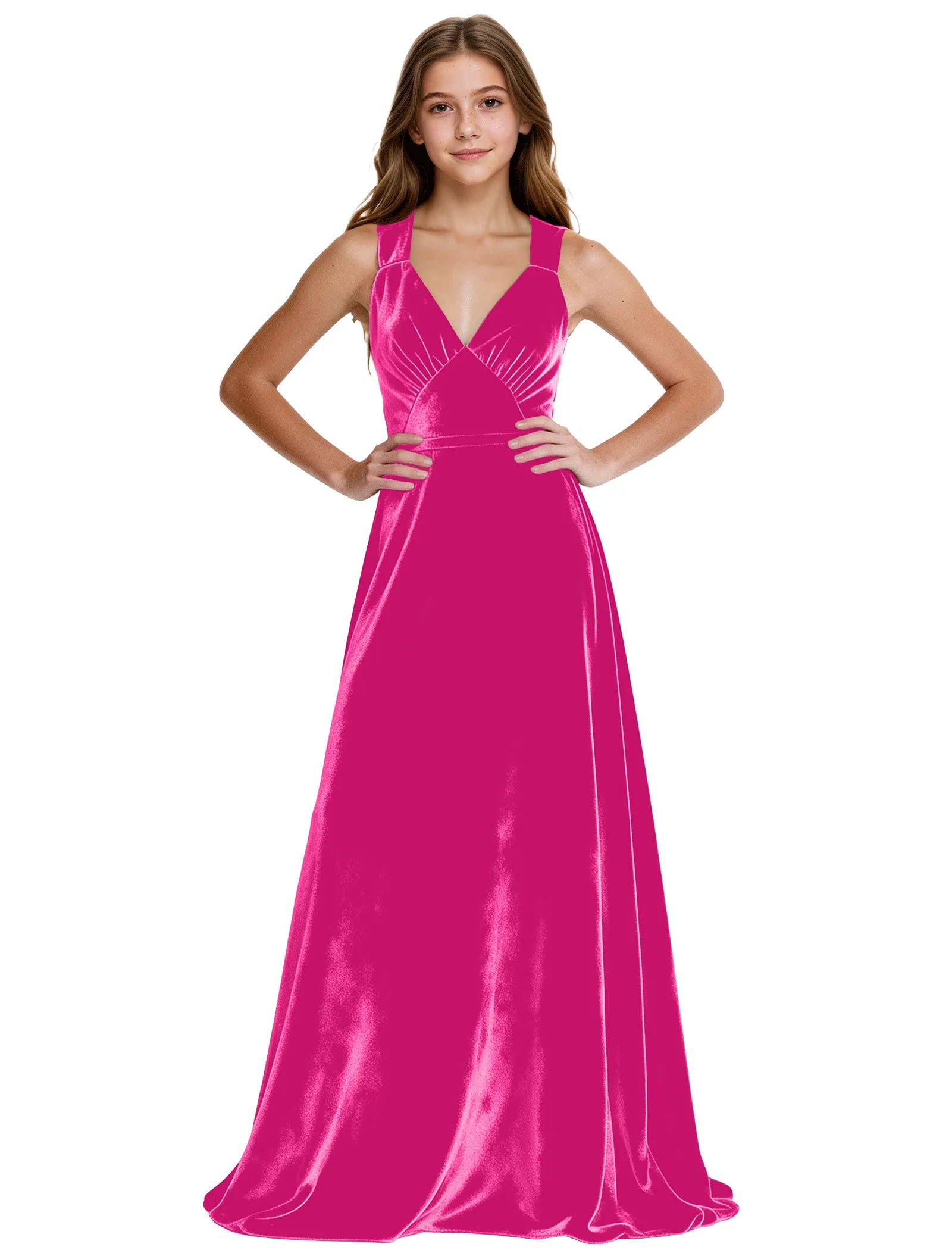 Girls Velvet A-Line Formal Gown with V-Neckline