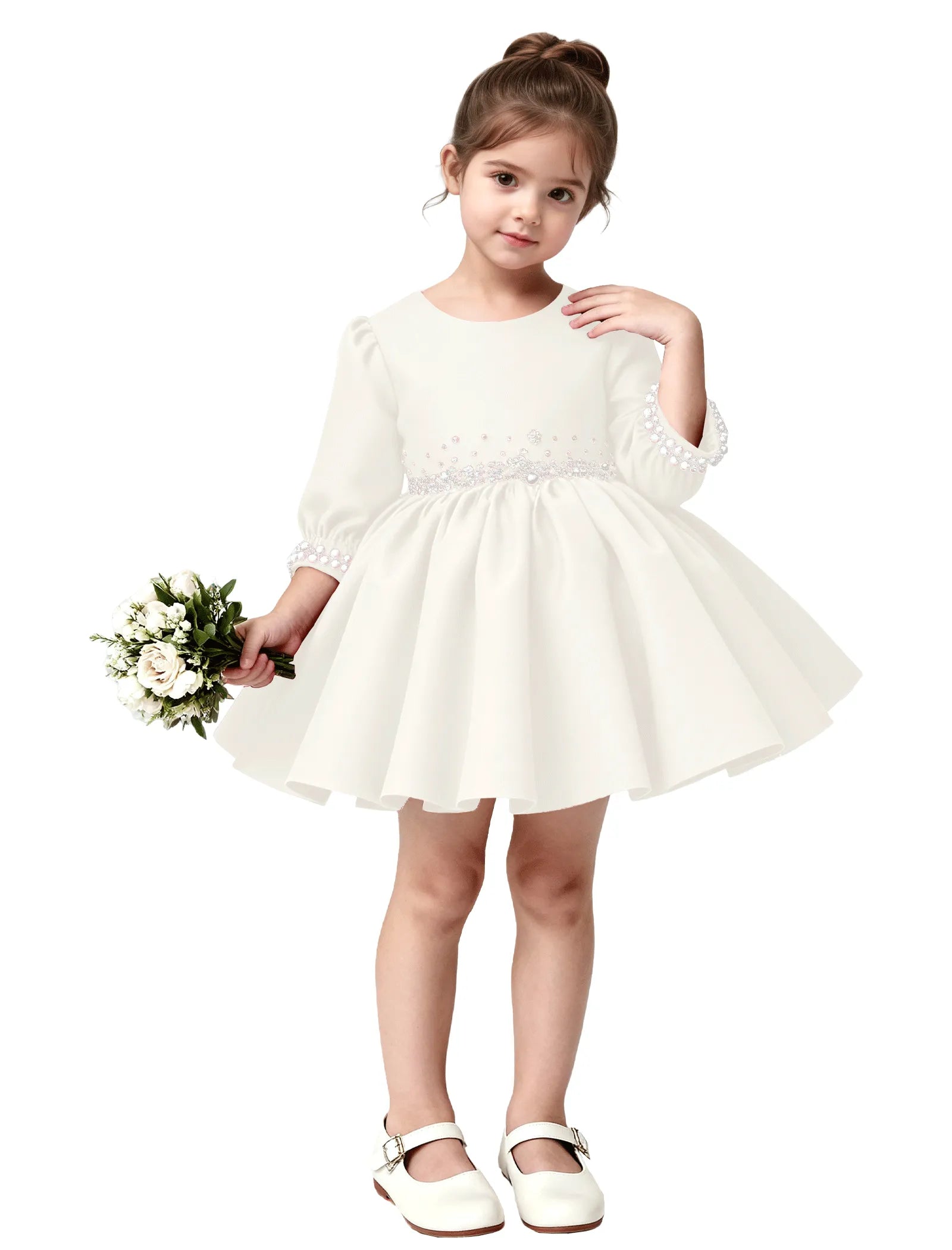 Girls Long Sleeve Satin Pearl Dress with Bow Back