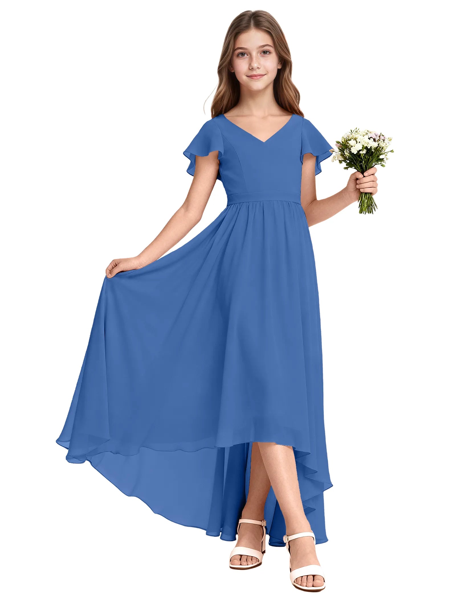 Girls Flutter Sleeve High Low Dress for Weddings
