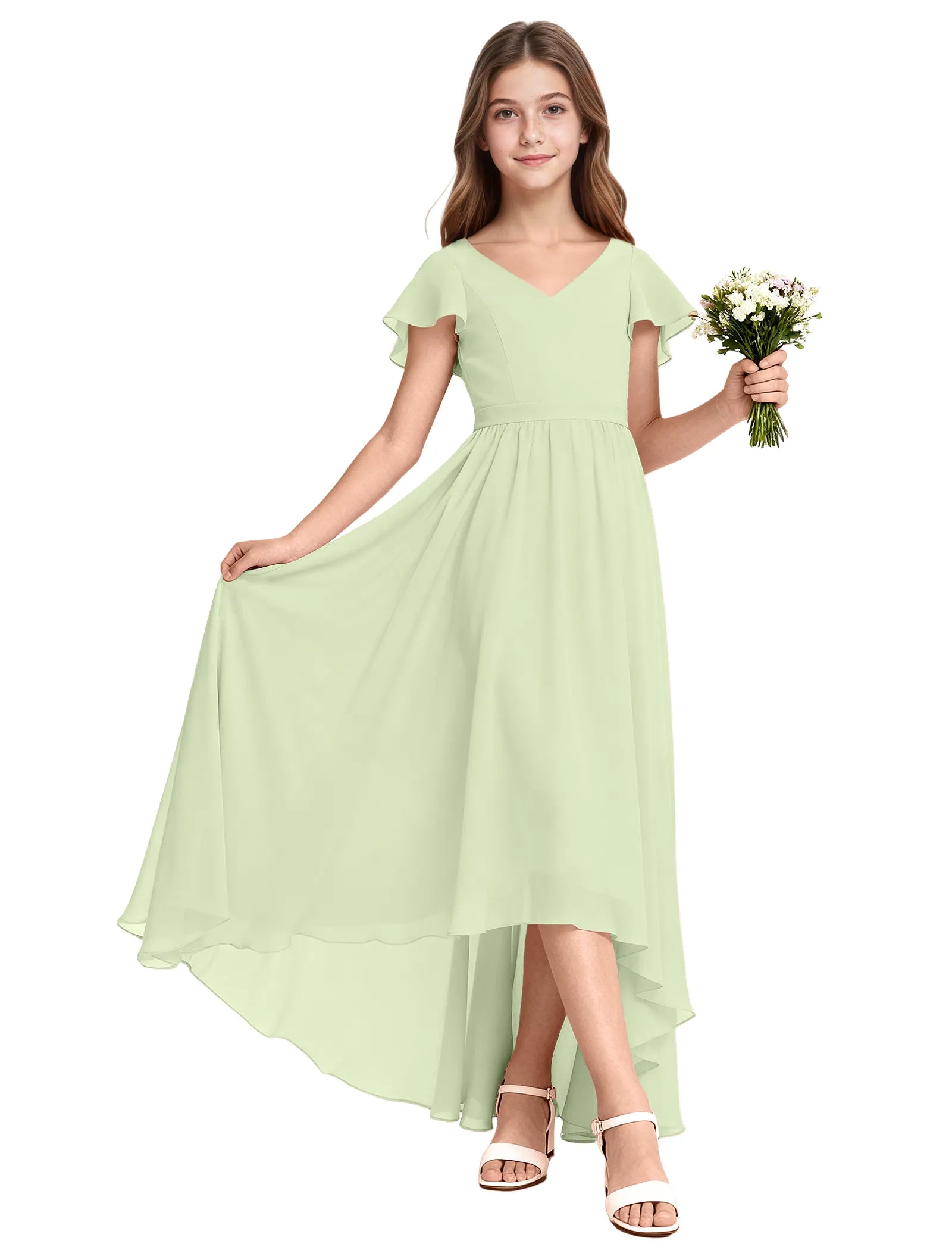 Girls Flutter Sleeve High Low Dress for Weddings