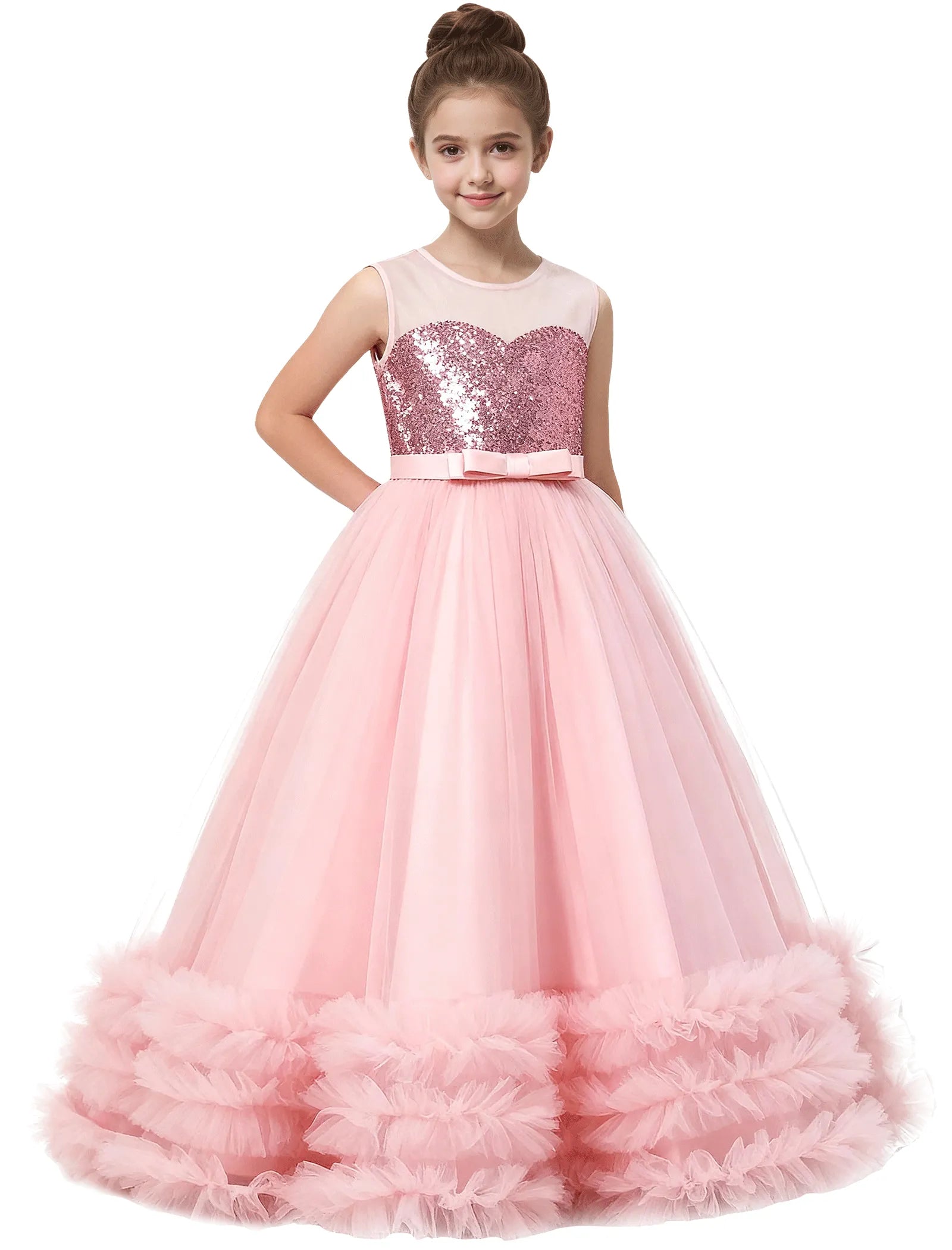 Sequin Tulle Ball Gown Dress with Bow for Girls