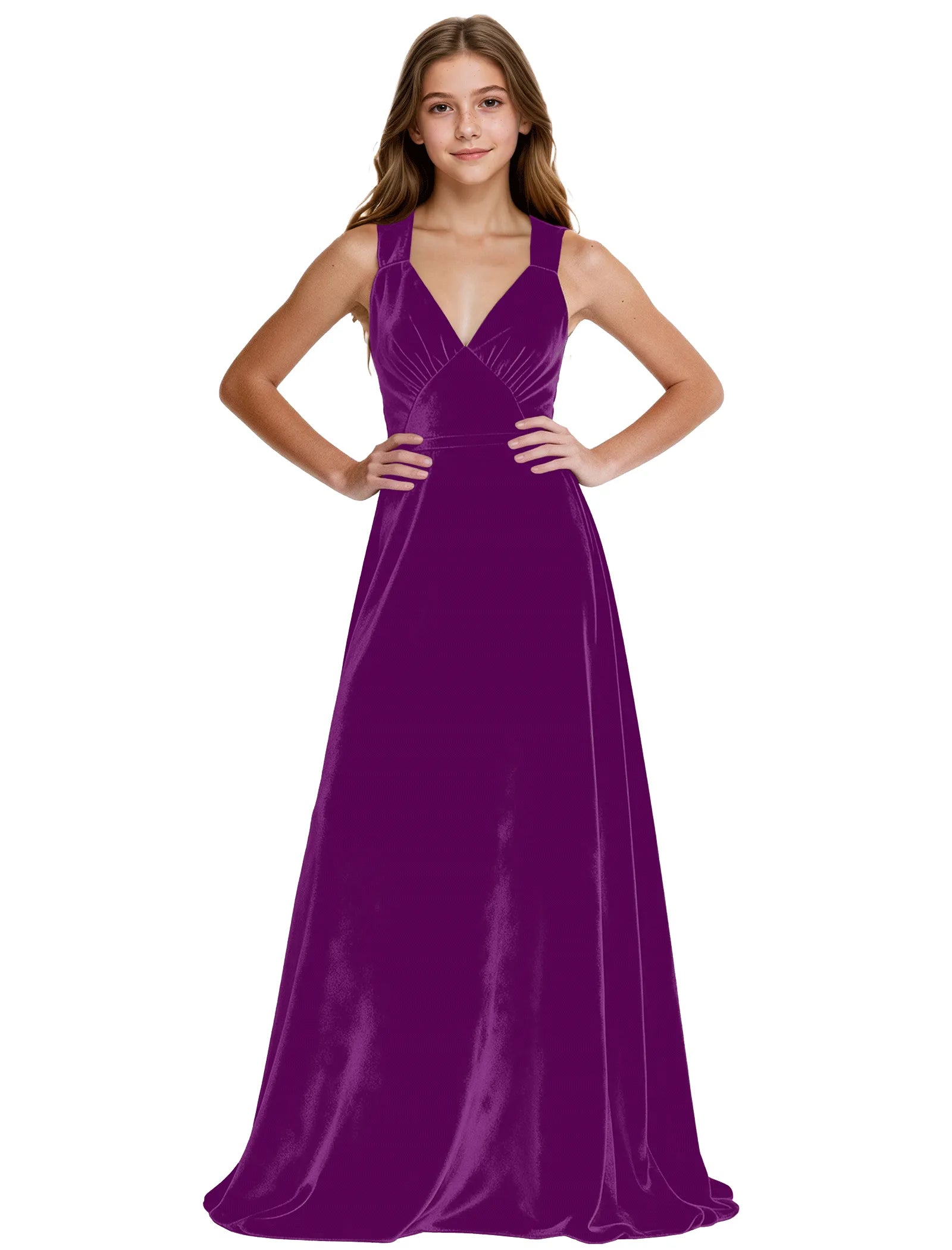 Girls Velvet A-Line Formal Gown with V-Neckline