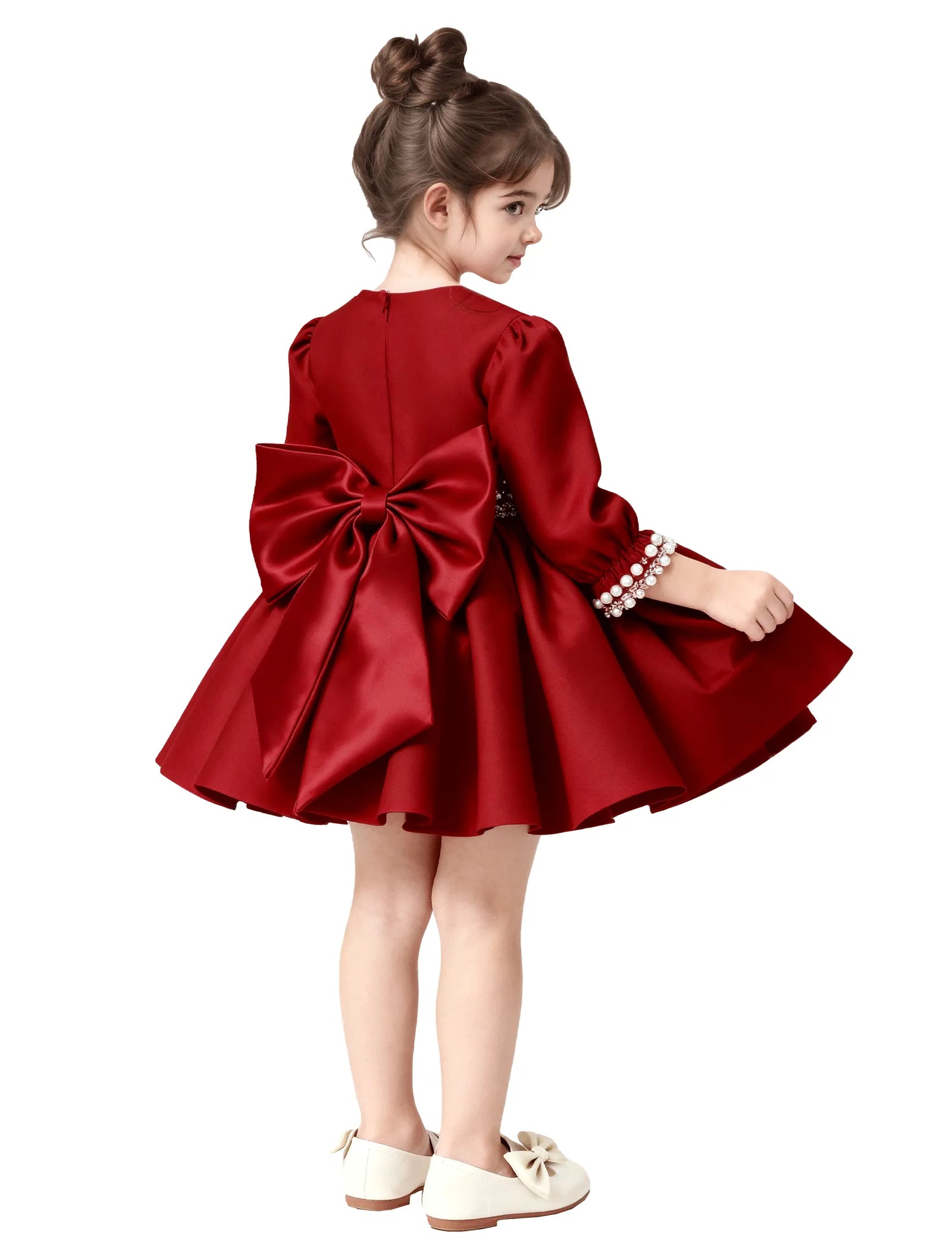 Girls Long Sleeve Satin Pearl Dress with Bow Back